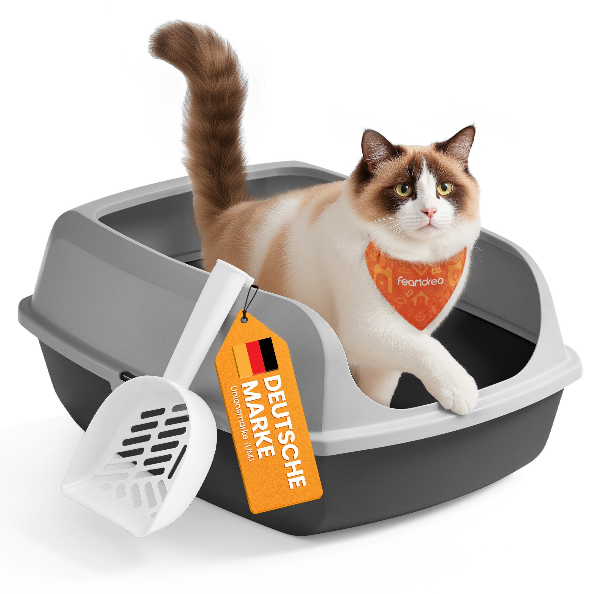 FEANDREA Katzentoilette Katzenklo, offene Katzentoilette, für Kätzchen und große Katzen, mit hohen Seitenwänden, XXL, mit Schaufel, 56 x 42 x 23,5 cm