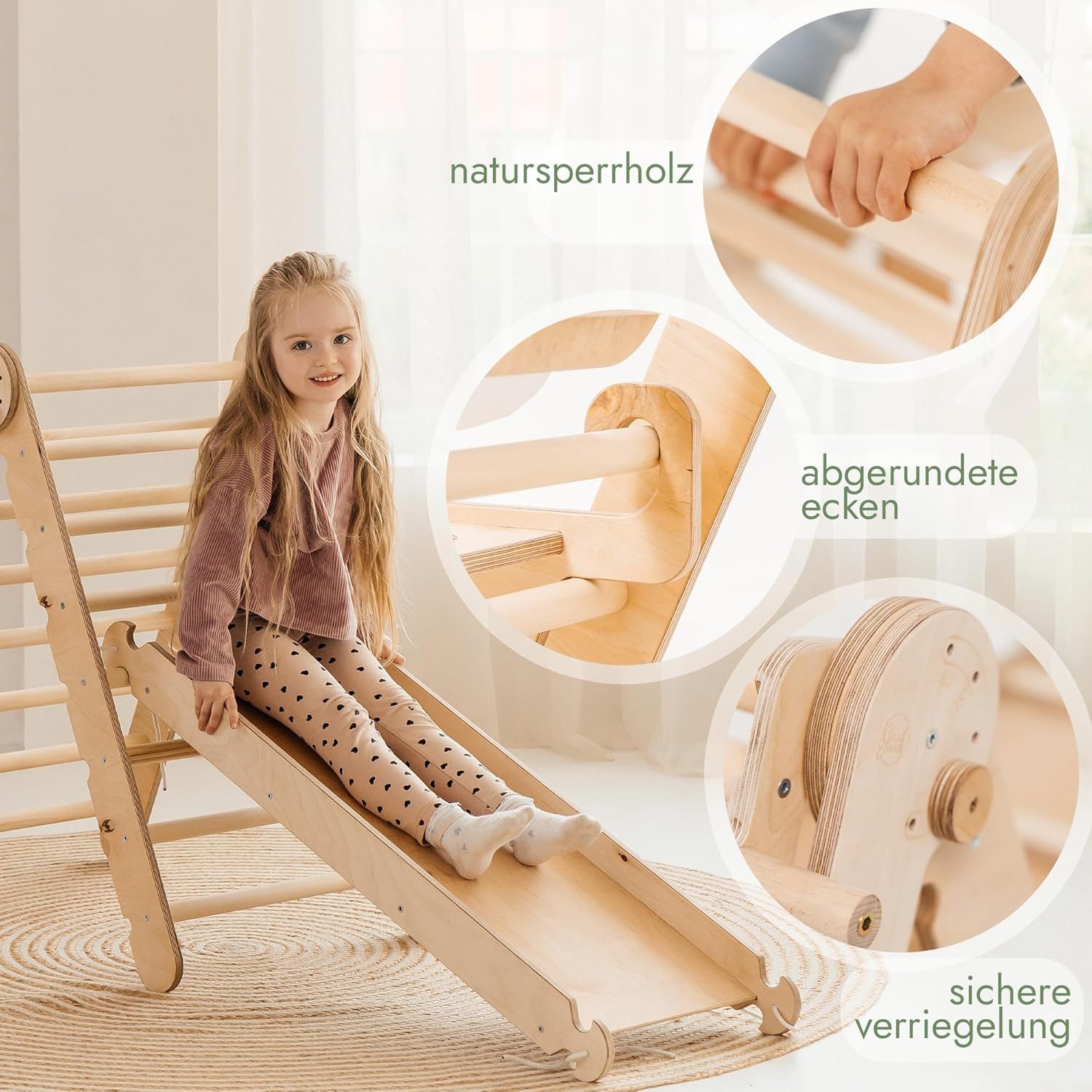 Goodevas Klettergerüst Holz Indoor Klettergerüst für Kinder von 1-5 Jahren, (Dreiecksleiter, Kletterbogen & Kletterrampe & Netz, 5-St)
