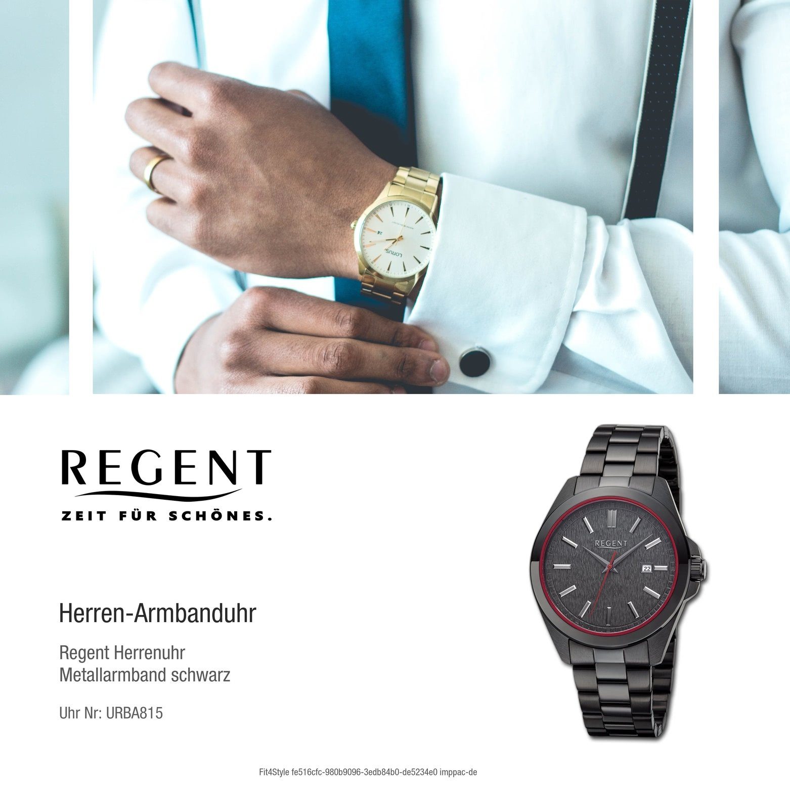Armbanduhr Armbanduhr Metallarmband Regent 41mm), extra rund, (ca. Herren Quarzuhr Regent Herren rot groß Analog,