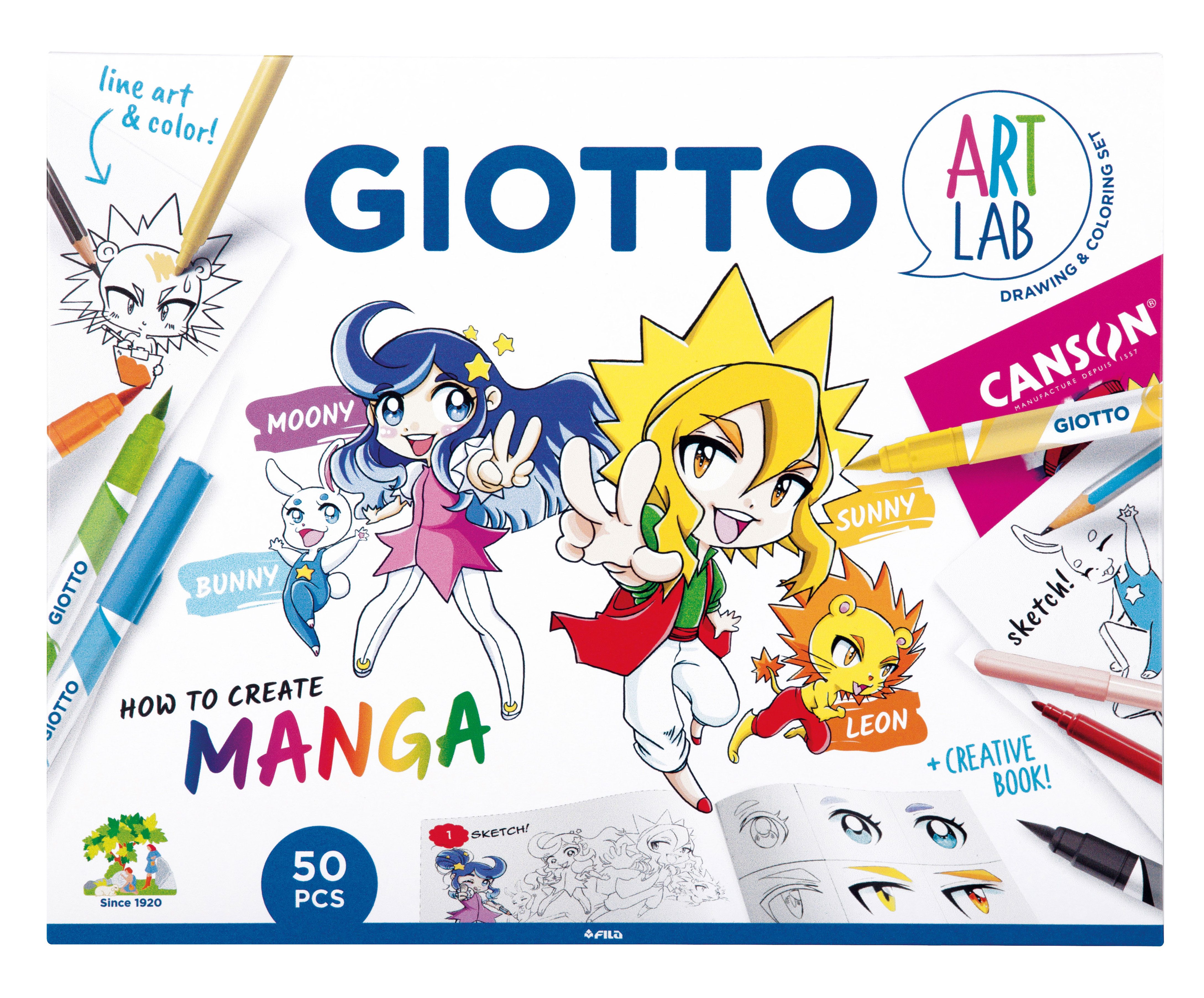 GIOTTO Malkreide Giotto Art LAB How to create Manga Komplettset 50 Teile, (Set aus Papier, Stifte und Buch, Set aus Papier, Stifte und Buch)