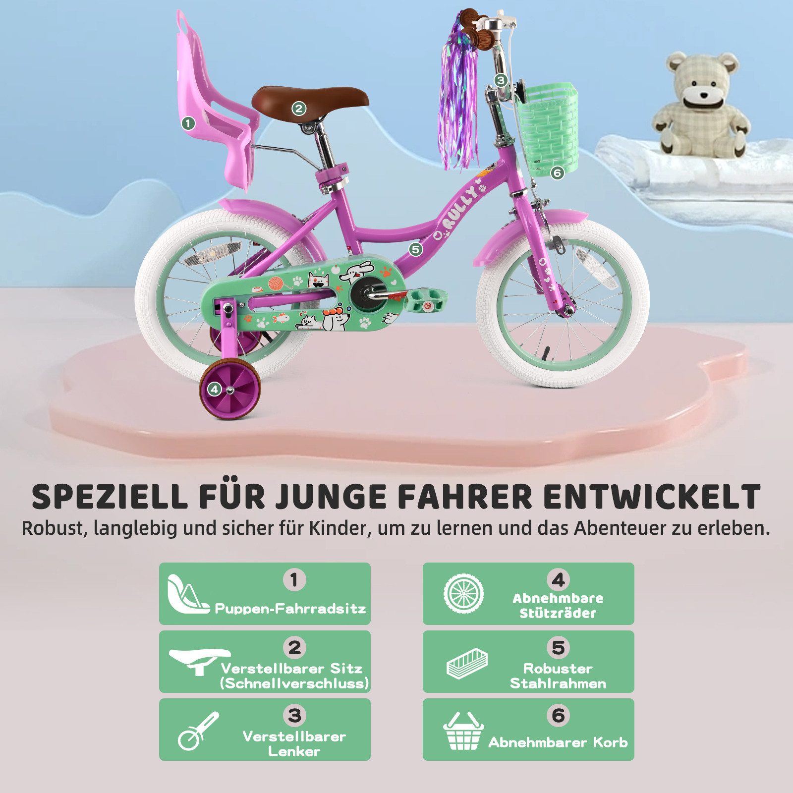 Vankel Kinderfahrrad Mädchen 12–16 Zoll mit Korb & Stützrädern, 1 Gang, Puppensitz, Lenkerfransen, Klingel und Schutzblechen