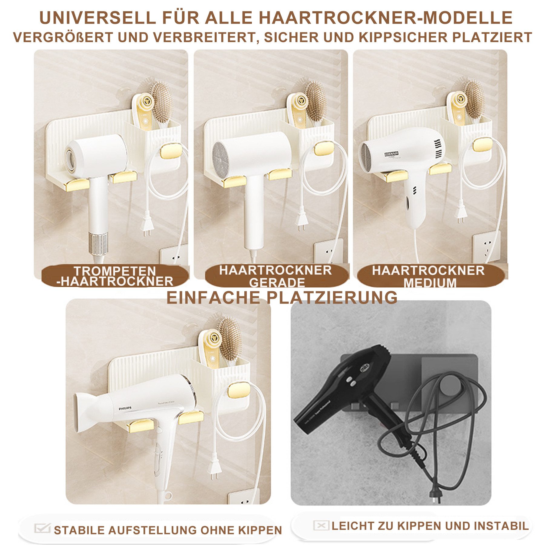 Mutig Haartrocknerhalter Fönhalter Ohne Bohren Wand,Fönhalterung für Badezimmer, (bis 1,97 Zoll, Universal Föhn Halterung mit 2 Fächern, Glätteisen Halterung, Föhn Halterung für Föhn und Glätteisen, Föhnhalter Wand, für Badezimmer und Wohnzimmer)