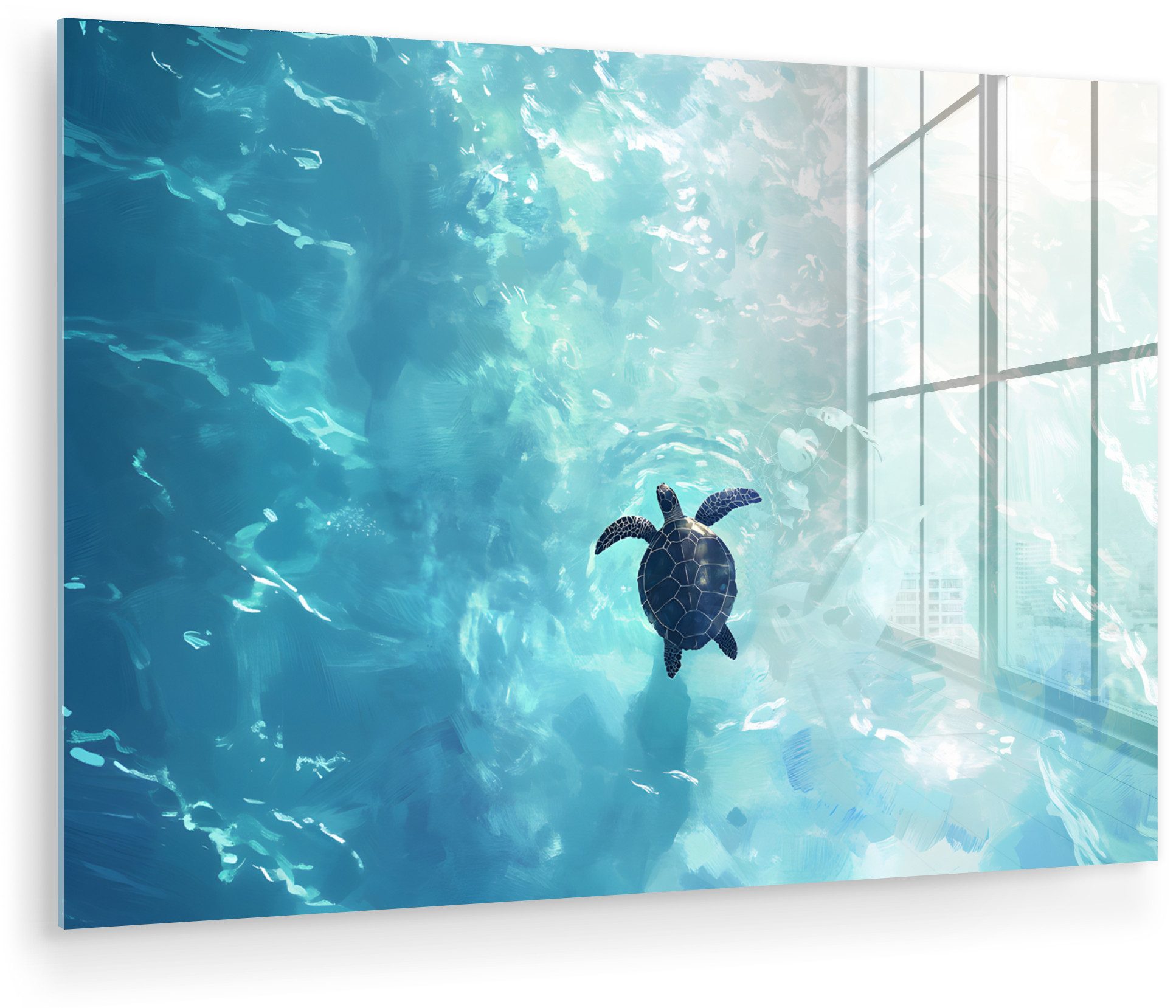 MuchoWow Acrylglasbild Schildkröte - Meer - Blau - Glitzern, Inkl. Aufhängung, Glasbilder Wohnzimmer & Schlafzimmer XXL, 122x82 cm