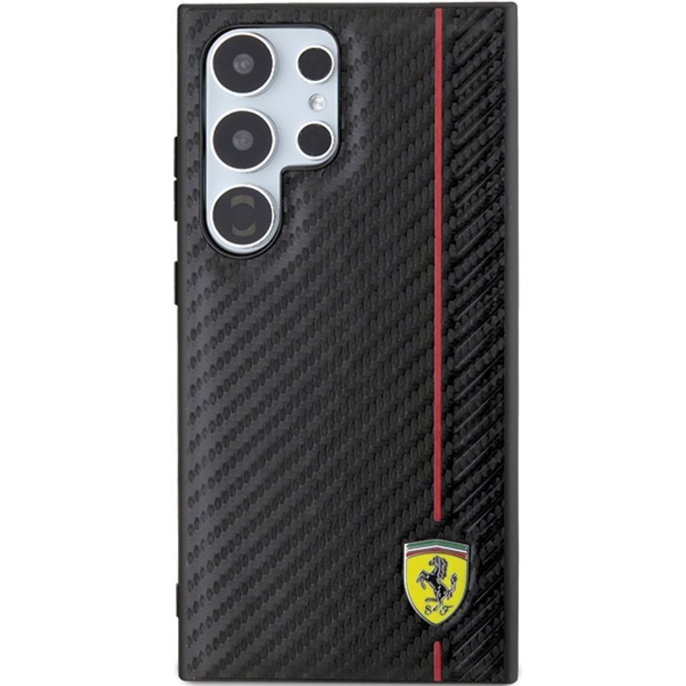 Ferrari Handyhülle Case Galaxy S24 Ultra Carbon-Look schwarz Logo Metall 6,8 Zoll, Kantenschutz