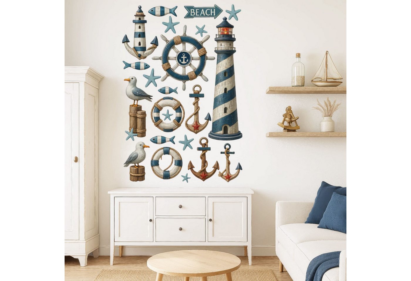 Sunnywall Wandtattoo Aufkleber Maritim Set – Leuchtturm, Möwen, Anker & Seesterne, selbstklebend, konturgeschnitten, rückstandslos entfernbar
