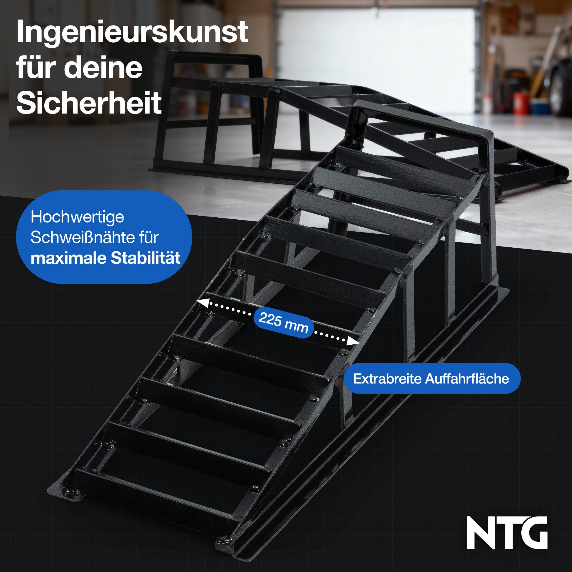NTG Nutzfahrzeug Technik GmbH Auffahrrampe 2er Set bis 2000kg – 20cm Auffahrhöhe – Stahl Auffahrhilfe (2-St), Extra Breit 225mm – Bild 5 von 5