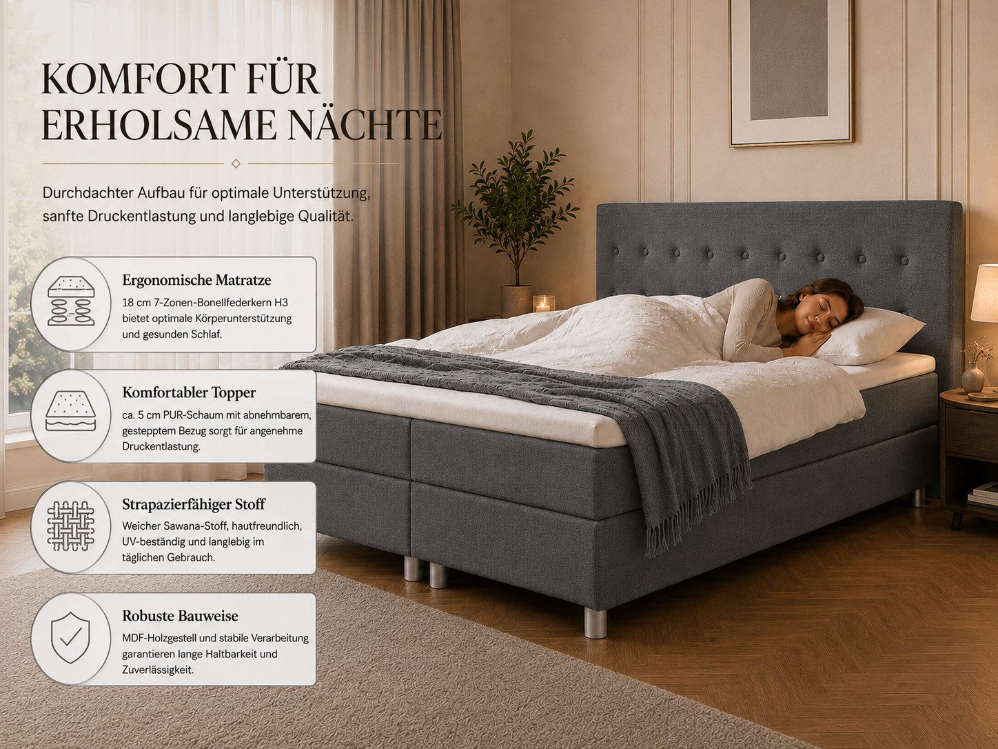 Best for Home Boxspringbett mit gepolstertem Kopfteil, komfortabler Bonnell-Matratze & 5 cm Topper (Boxspringbett-Set mit Matratze und Topper, 1-St., 90x200 120 – Bild 5 von 5