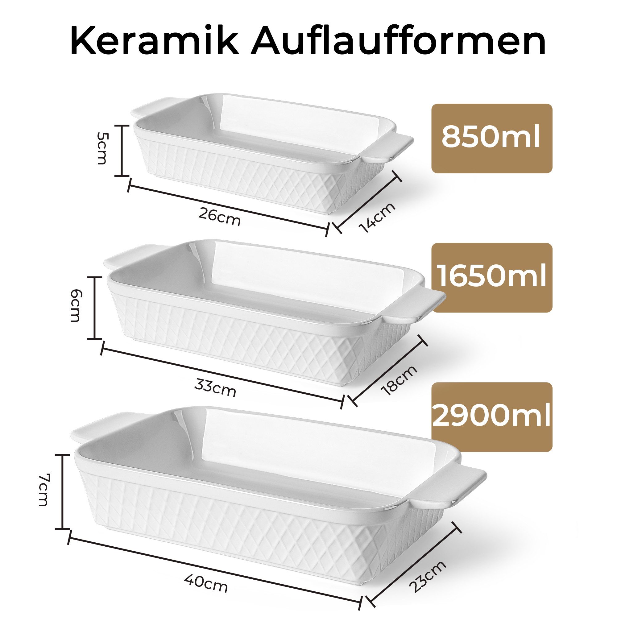 MiaMio Auflaufform Palmanova rechteckig, stapelbar, 850/1650/2900 ml, Keramik, (3-St), rechteckig, stapelbar, 850/1650/2900 ml