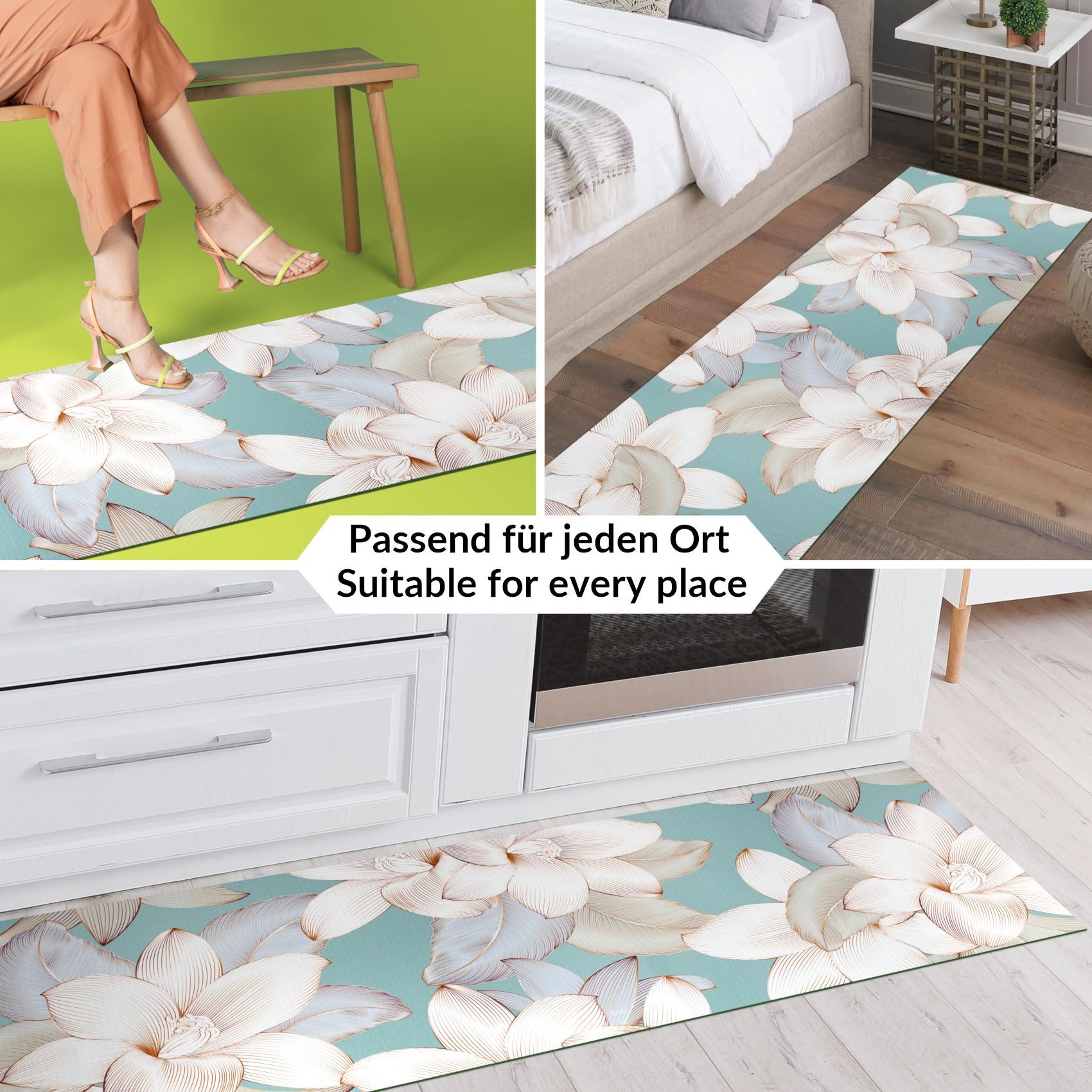 ANRO Küchenläufer GreenLine Teppichläufer Textil, Rechteckig, Höhe: 3 mm, Bodenläufer 100cm Lotus Blume Creme pflegeleicht
