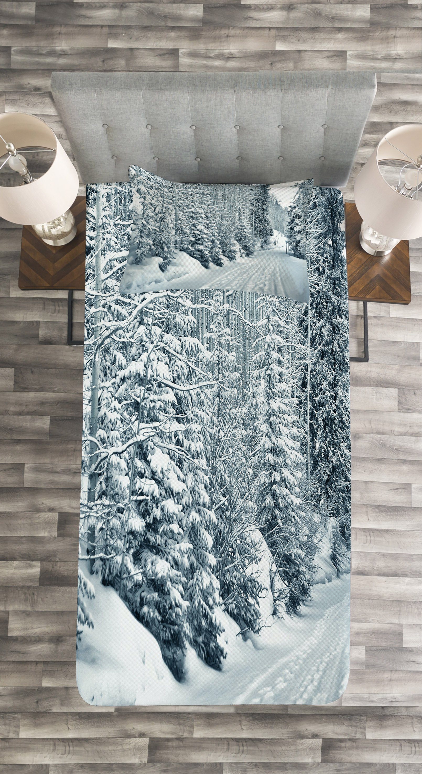 Tagesdecke Set mit Kissenbezügen Ski Waschbar, Winter Snowy-Straße Theme Abakuhaus