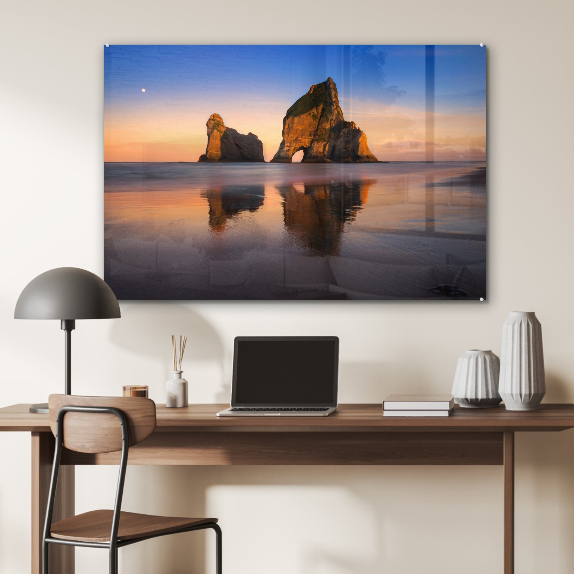 Sonnenaufgang Acrylglasbild Neuseeland, Acrylglasbilder MuchoWow Wohnzimmer (1 Wharariki St), Schlafzimmer Beach in & über