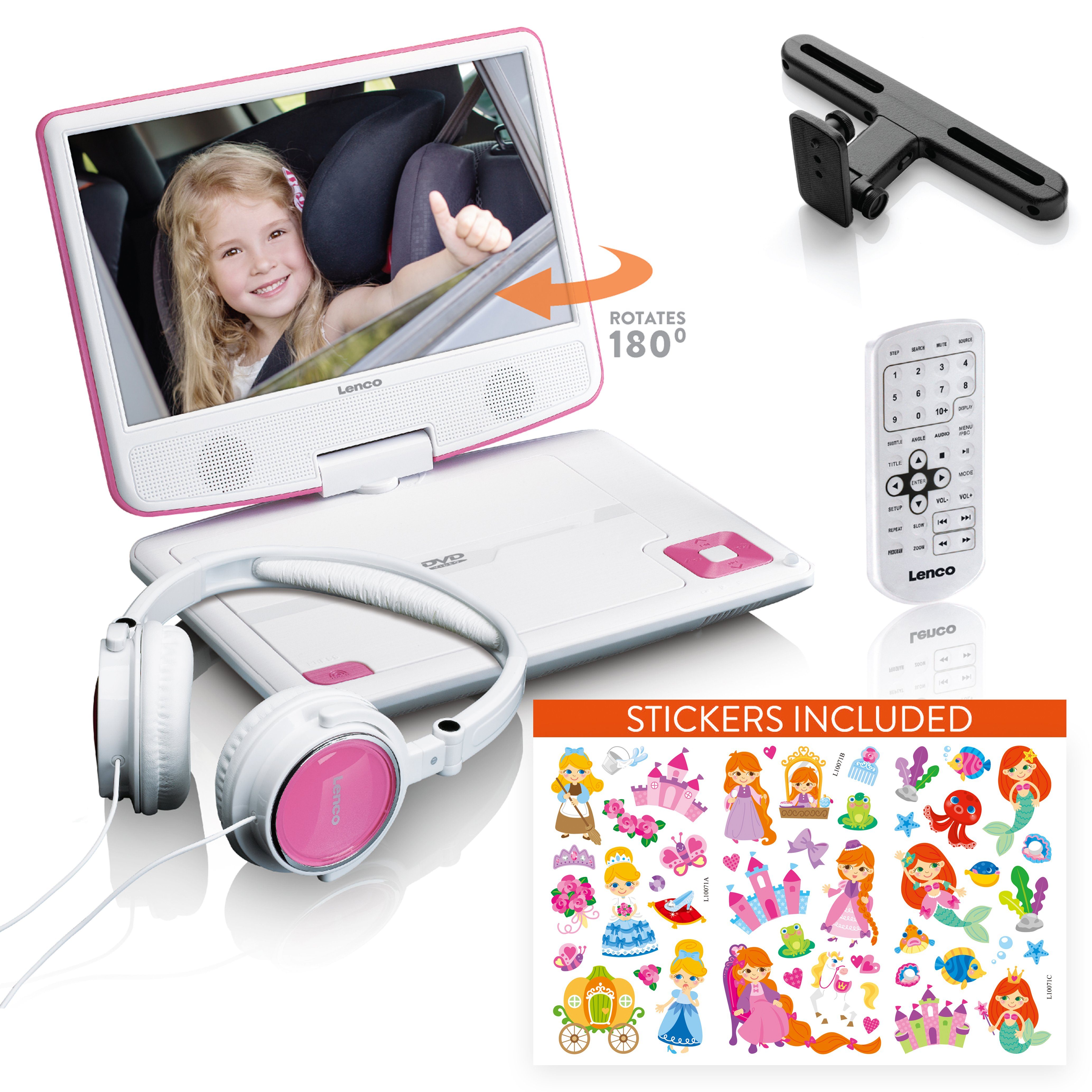 Lenco DVP-920PK Portabler DVD-Player (HD-Auflösung, tragbarer 9 Zoll Kinder DVD-Player für Auto mit USB inkl. Sticker-Set)