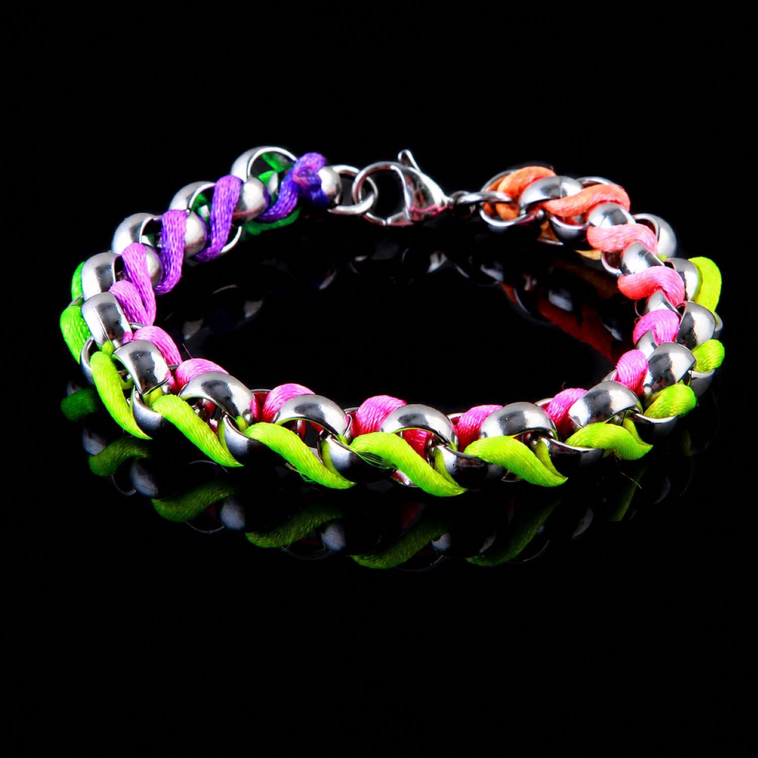 Kingka Gliederarmband aus Edelstahl mit eingeflochtenen Textilband neonfarben, Zu Shirt, Hoodie, Jeans, Sneaker! Büro, Urlaub, Party, Geschenkidee
