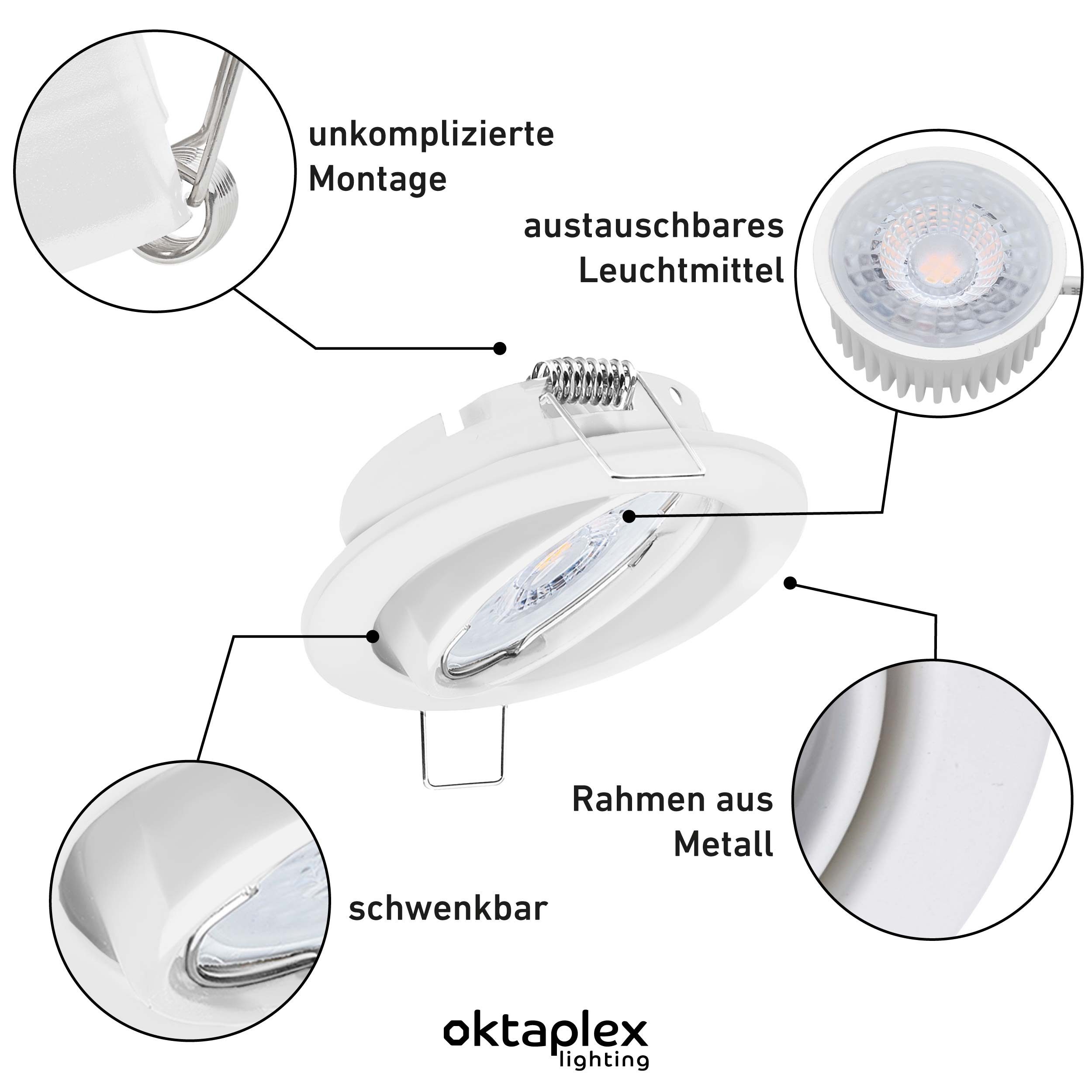Oktaplex lighting LED Einbaustrahler Dijon Deckenstrahler weiß, inklusive Leuchtmittel, warmweiß, 3000K 345lm 1,9W Deckenspot 230V