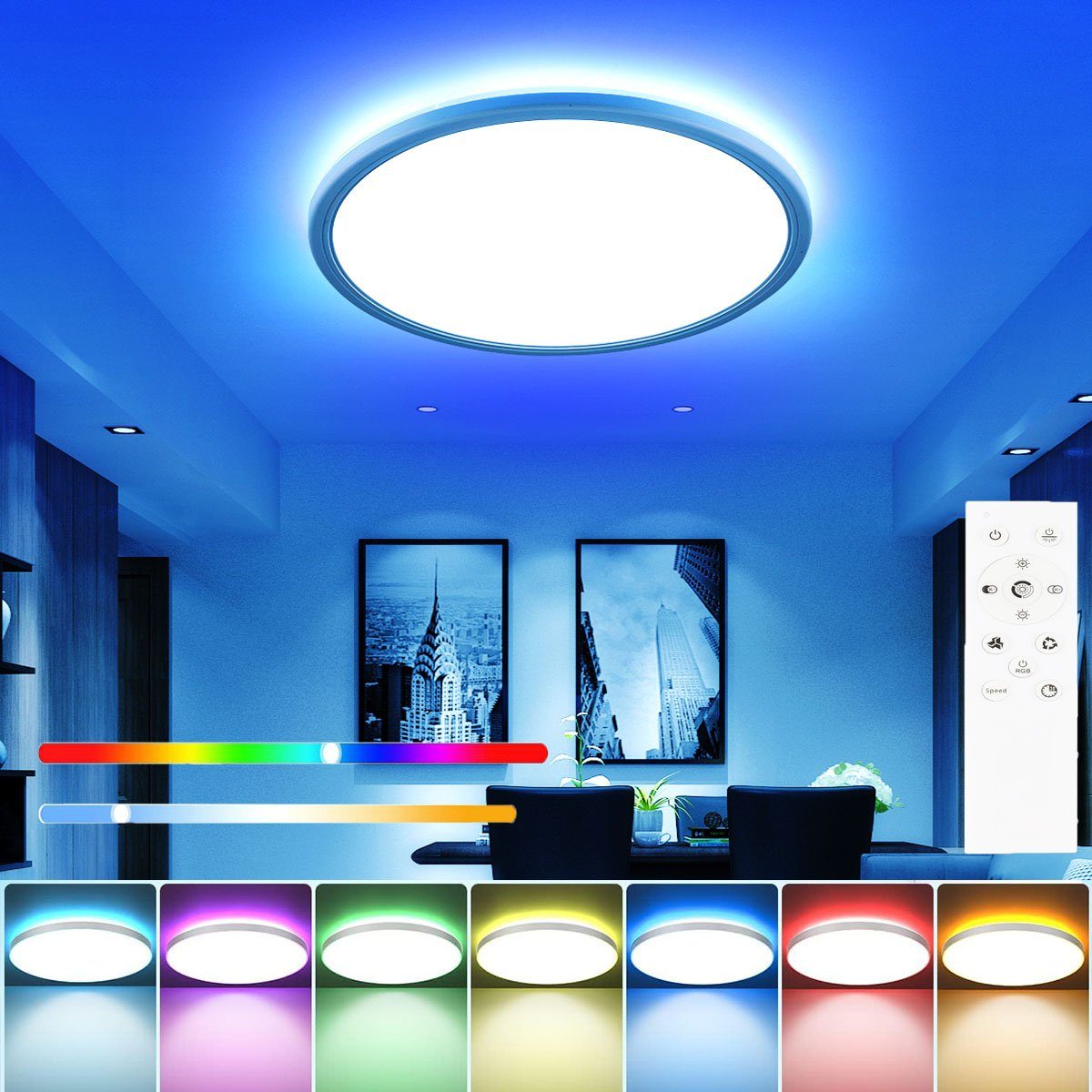 LETGOSPT LED Deckenleuchte 24W Ultra Dünn LED Deckenlampe 30 x 3cm, RGB Hintergrundlicht Dimmbare, LED fest integriert, Kaltweiß+Naturweiß+Warmweiß+RGB, Flach Rund Deckenbeleuchtung, für Schlafzimmer Küche Wohnzimmer Bad | Deckenlampen