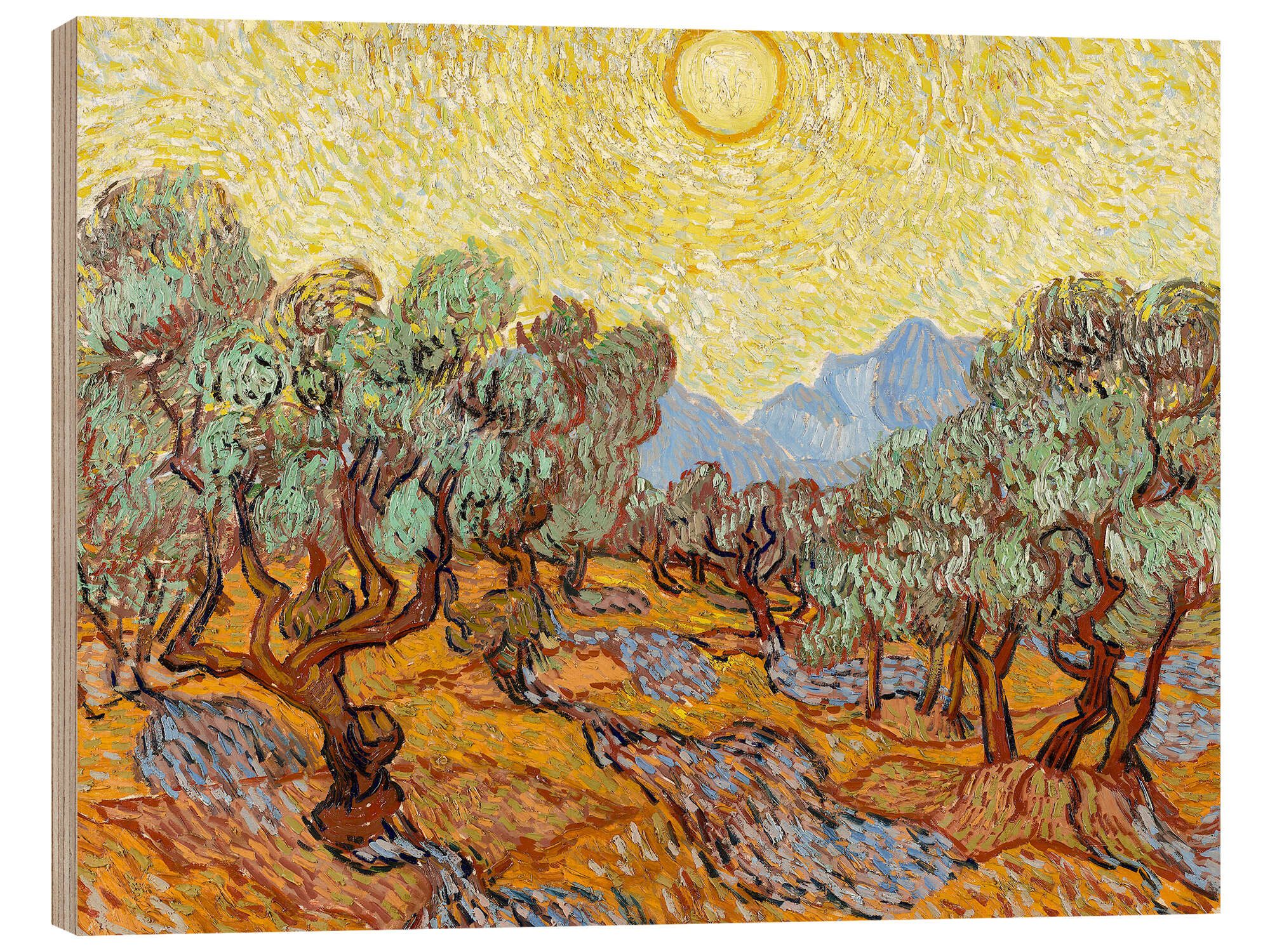 Posterlounge Holzbild Vincent van Gogh, Olivenbäume mit gelbem Himmel und Sonne, Wohnzimmer Mediterran Malerei