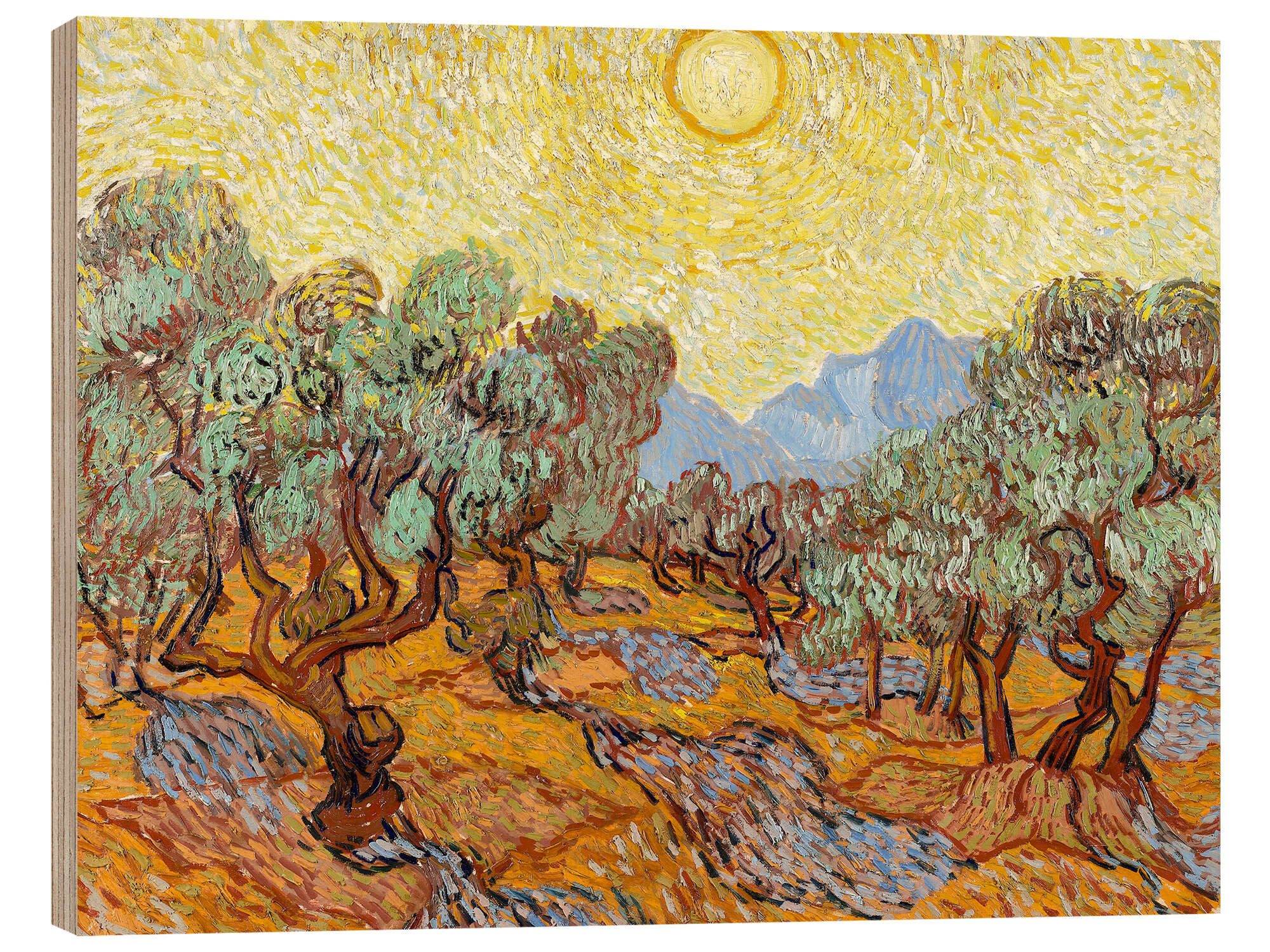 Posterlounge Wandbild Olivenbäume mit gelbem Himmel und Sonne, Vincent van Gogh, erhältlich als Poster, Leinwandbild, Wandsticker oder Acrylglasbild