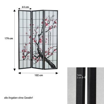 Homestyle4u Paravent Raumteiler Shoji Kirschblüten Sichtschutz Schwarz, 3-teilig