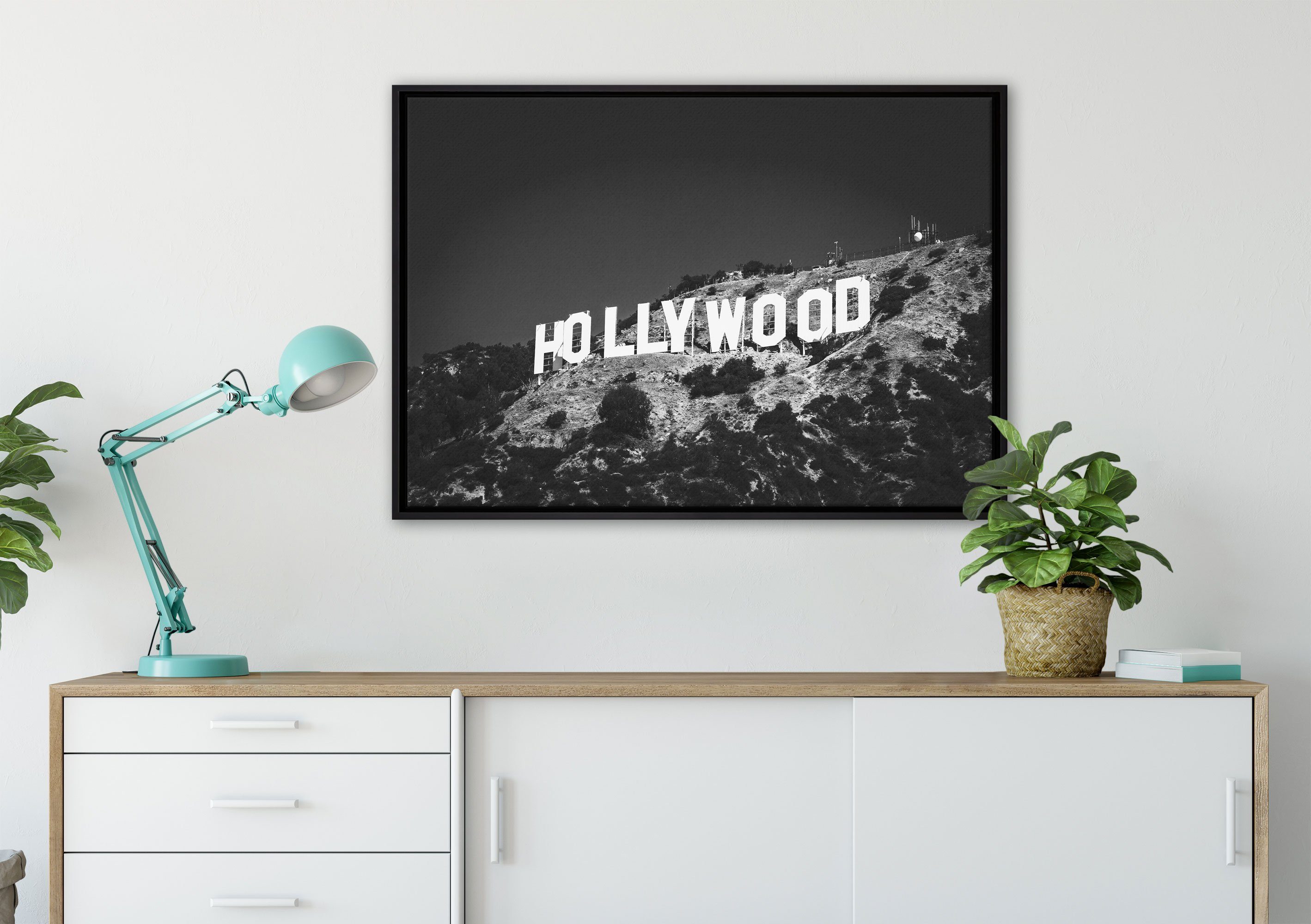 inkl. Leinwandbild fertig St), gefasst, einem Schattenfugen-Bilderrahmen Zackenaufhänger Wahrzeichen (1 bespannt, Hollywood, Pixxprint Leinwandbild in von Wanddekoration