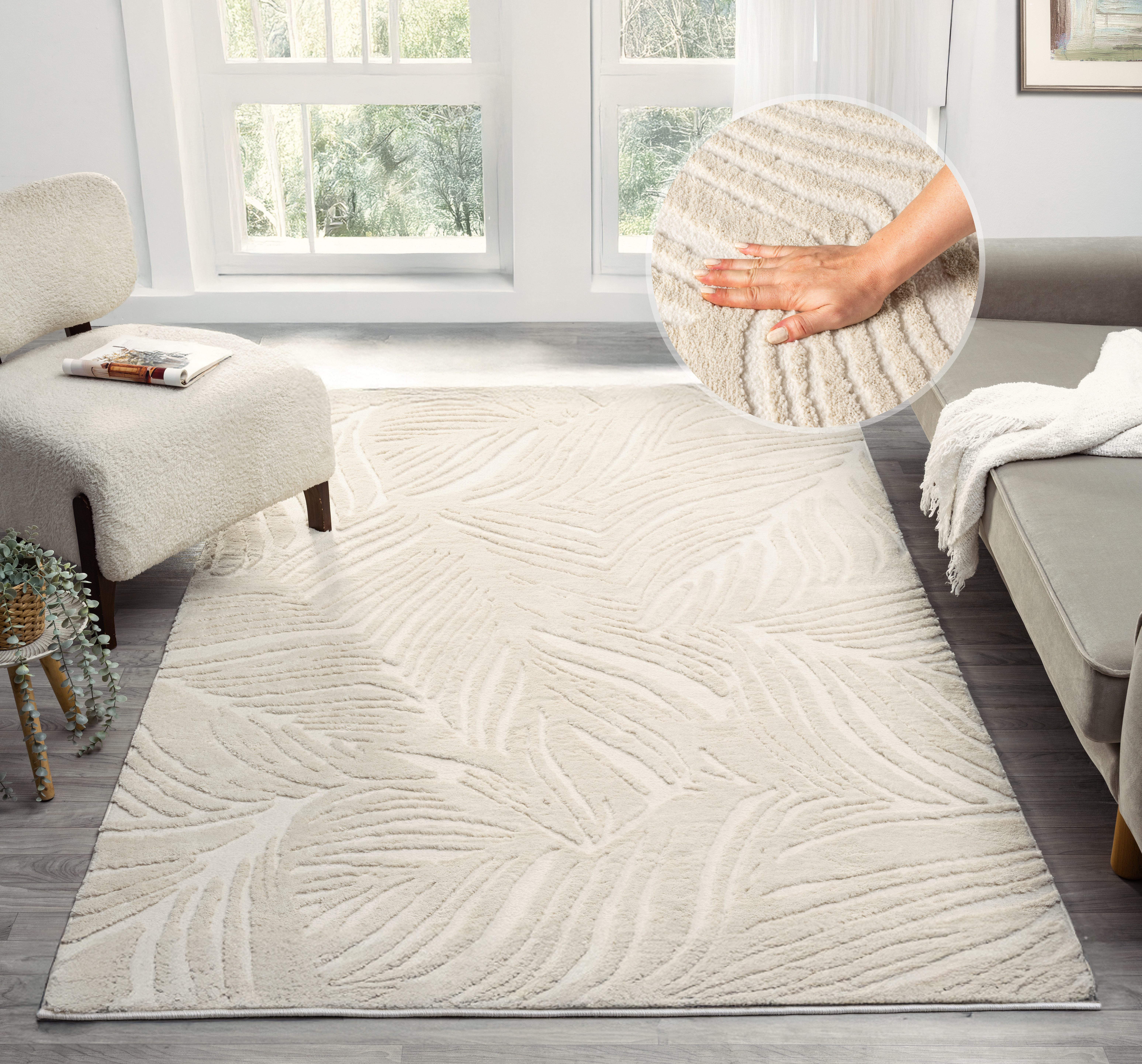 OTTO home Teppich Samia, Hoch-Tief-Struktur, rechteckig, Höhe: 19 mm, leichter Glanz, Floral, Blätter, Modern, Wohnzimmer, Schlafzimmer