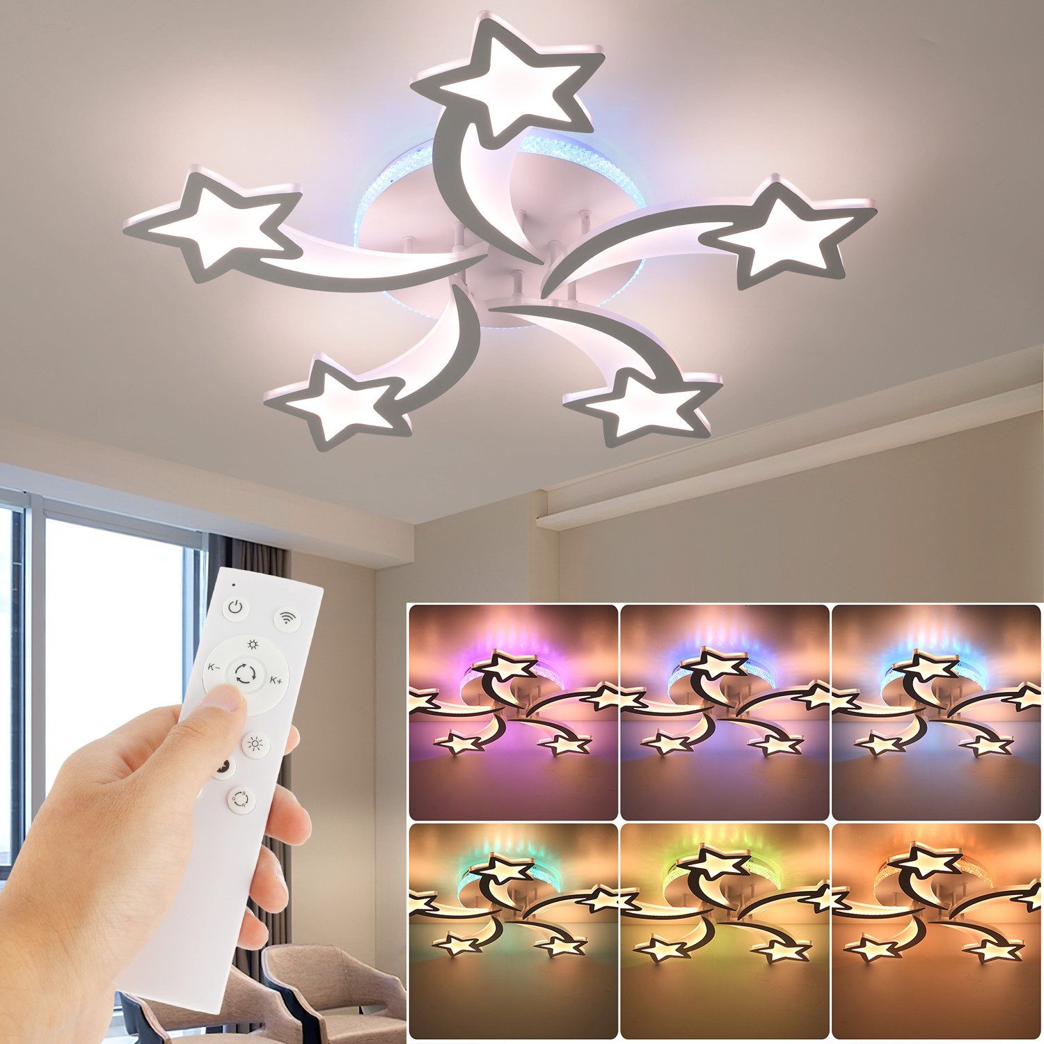 oyajia LED Deckenleuchte 54W Deckenleuchte mit RGB Farbwechsel Lamp, Dimmbar mit Fernbedienung, LED fest integriert, Kaltweiß/Naturweiß/Warmweiß+RGB Hintergrundbeleuchtung Farbwechsel, Modern Blumenform Deckenlampe für Schlafzimmer Kinderzimmer Wohnzimmer