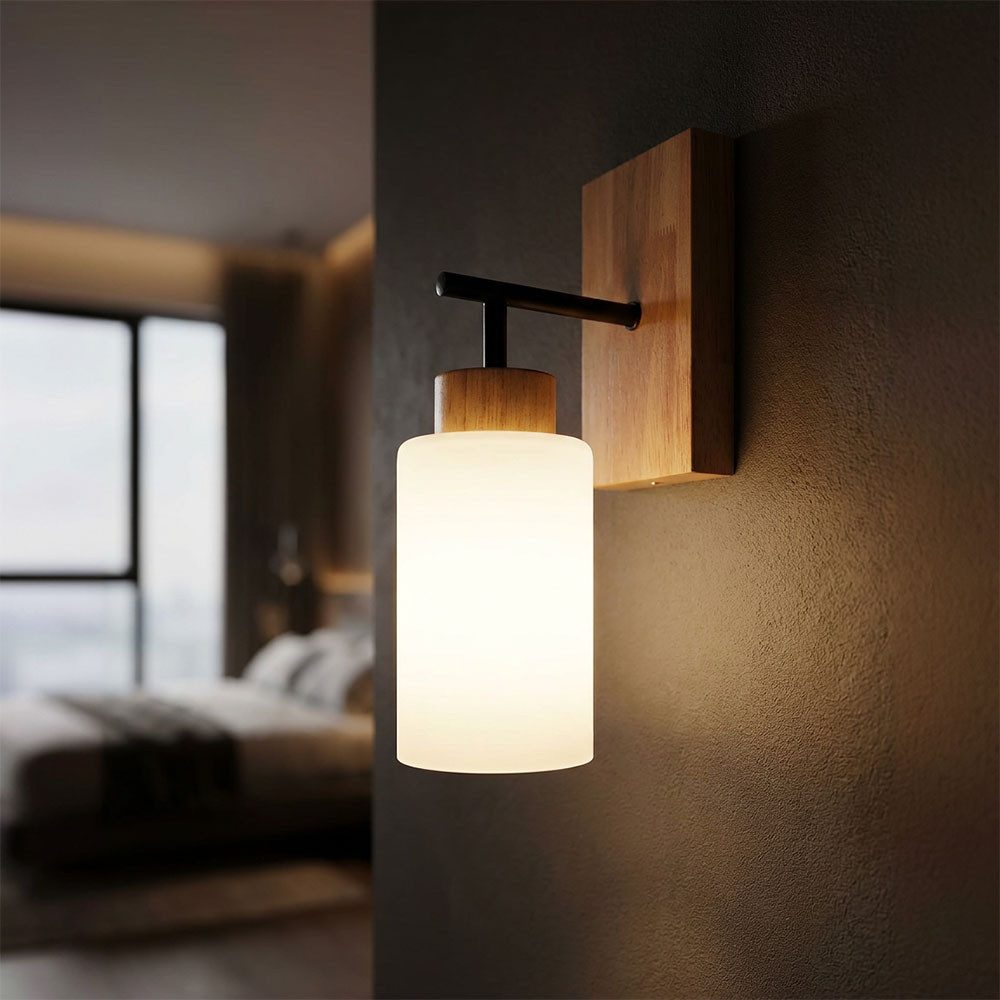 GLOBO LIGHTING Wandleuchte, Leuchtmittel nicht inklusive, Wandleuchte Wandlampe Metall Eiche dunkel schwarz Glas opal H 31 cm
