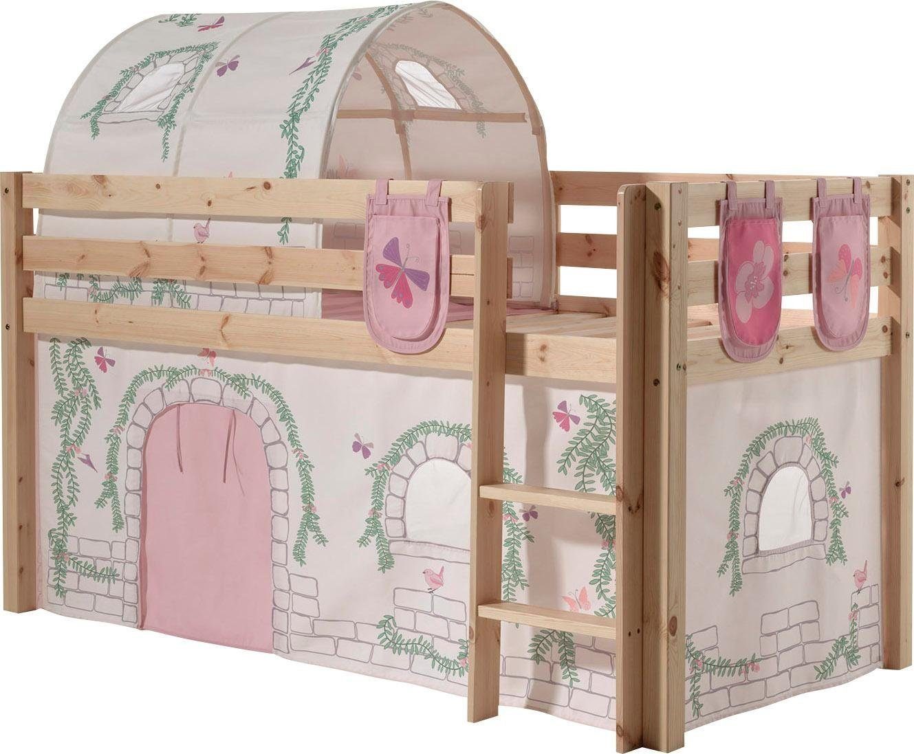 Vipack Hochbett Pino, Spielbett massiv Kiefer, stabil gebaut, 3 Korpusfarben zur Wahl (inkl. Rolllattenrost, Leiter und Absturzschutz, mit oder ohne Rutsche) Textil-Set "Astronaut", inkl. Vorhang, mit oder ohne Tunnel