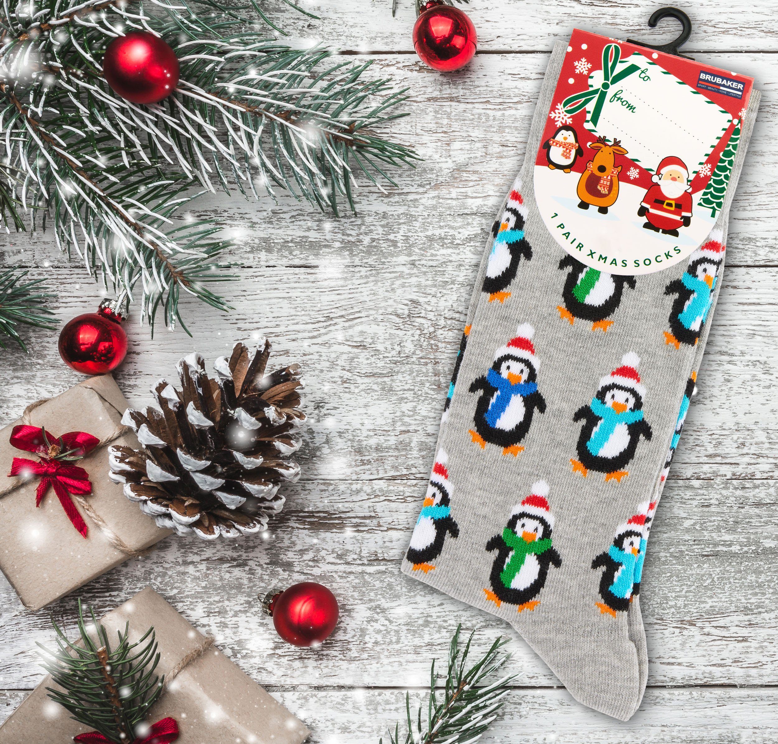 BRUBAKER Socken Weihnachtssocken für Damen und Herren - Pinguine (Lustige Freizeitsocken, 1-Paar, für Weihnachts- und Nikolausgeschenk) Unisex Baumwollsocken Weihnachten - Grau