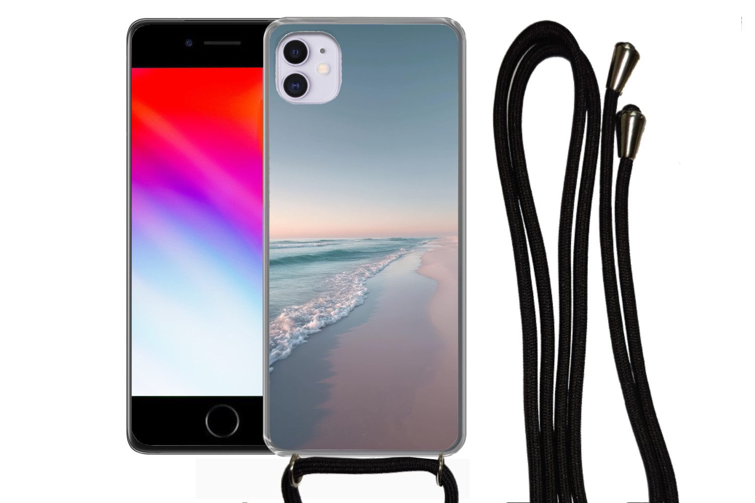 MuchoWow Handyhülle für Apple iPhone 12 Mini Küstenlinie - Pastell - Wasser, Tragbare Handyhüllen mit Kette zum umhängen, Handykette Handyband
