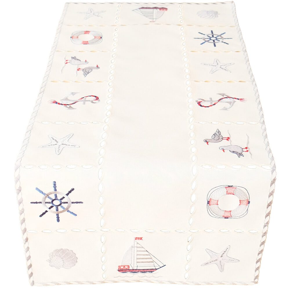 matches21 HOME & HOBBY Tischdecke Tischläufer maritime Motive wollweiß Stick bunt 40x90 cm (1-tlg)