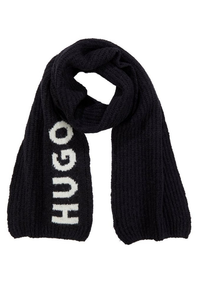 HUGO Schal Slogues_scarf, Extralanger Woll-Mix Schal mit Jacquard-Logo  Schriftzug, Hochwertige Wollmischung mit Alpaka & Elasthan