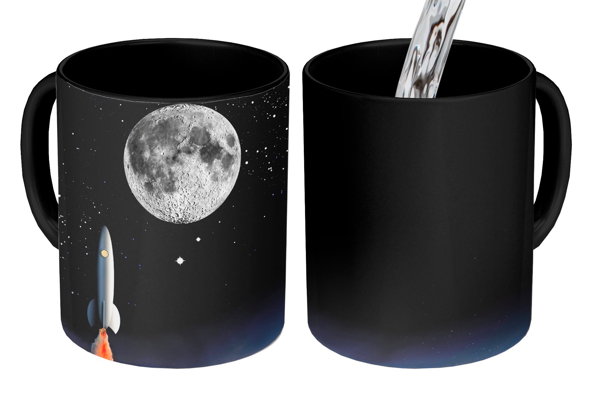 MuchoWow Tasse Eine Illustration der Raumfähre und des Vollmondes, Keramik, Farbwechsel, Kaffeetassen, Teetasse, Zaubertasse, Geschenk