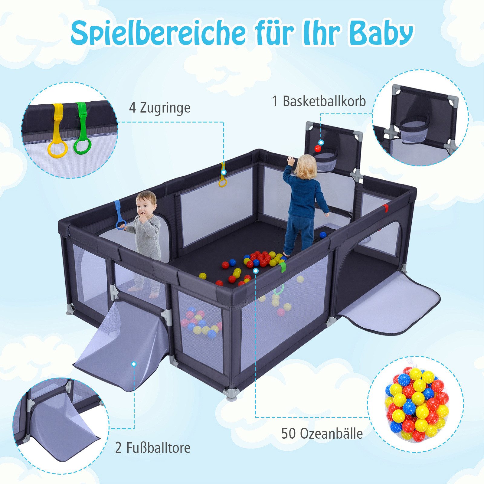 COSTWAY Laufstall (1-tlg), Laufgitter Baby Faltbar, mit Tragetasche, 50 Spielbällen, 207x145cm