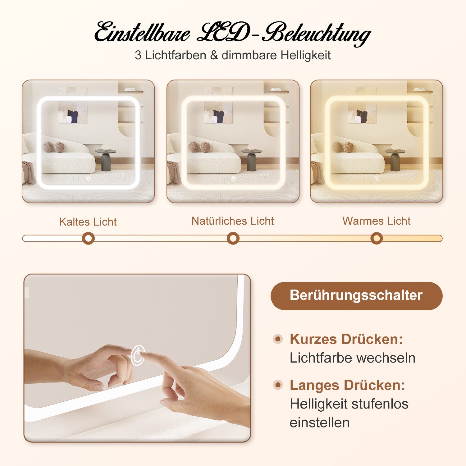 Lexzurn Schminktisch Schminktisch mit LED-Beleuchtung, Kosmetiktisch mit Spiegel, 4 Schubladen+6 offene Fächer, Helligkeit verstellbar, 92.6x132x36 cm