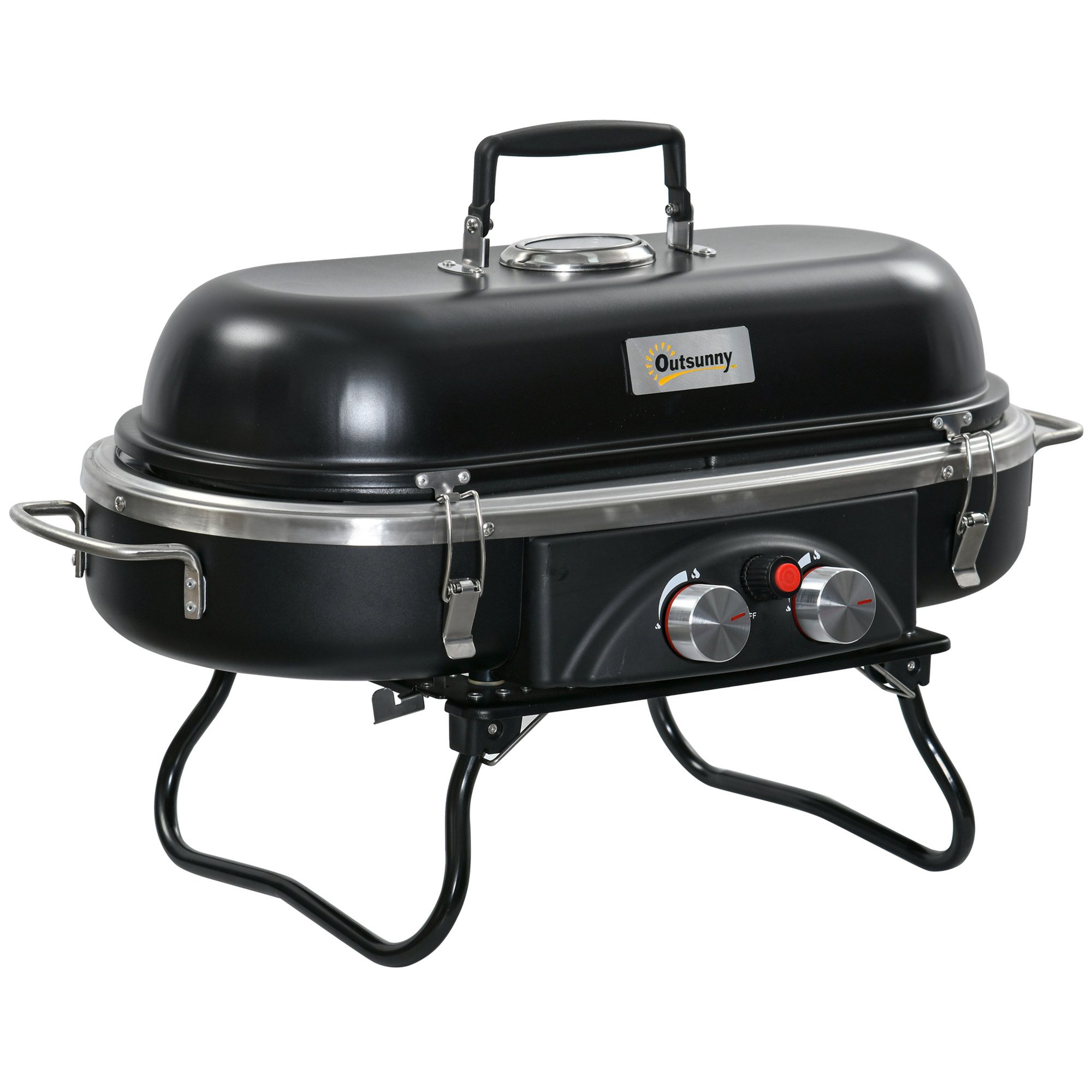 Outsunny Gasgrill inkl 2 Edelstahl-Brenner, Druckminderer, Gasschlauch, Deckel, klappbar BBQ Gartengrill, 2,34 KW Camping-Grill, für Balkon, 66 x 34,5 x 37 cm