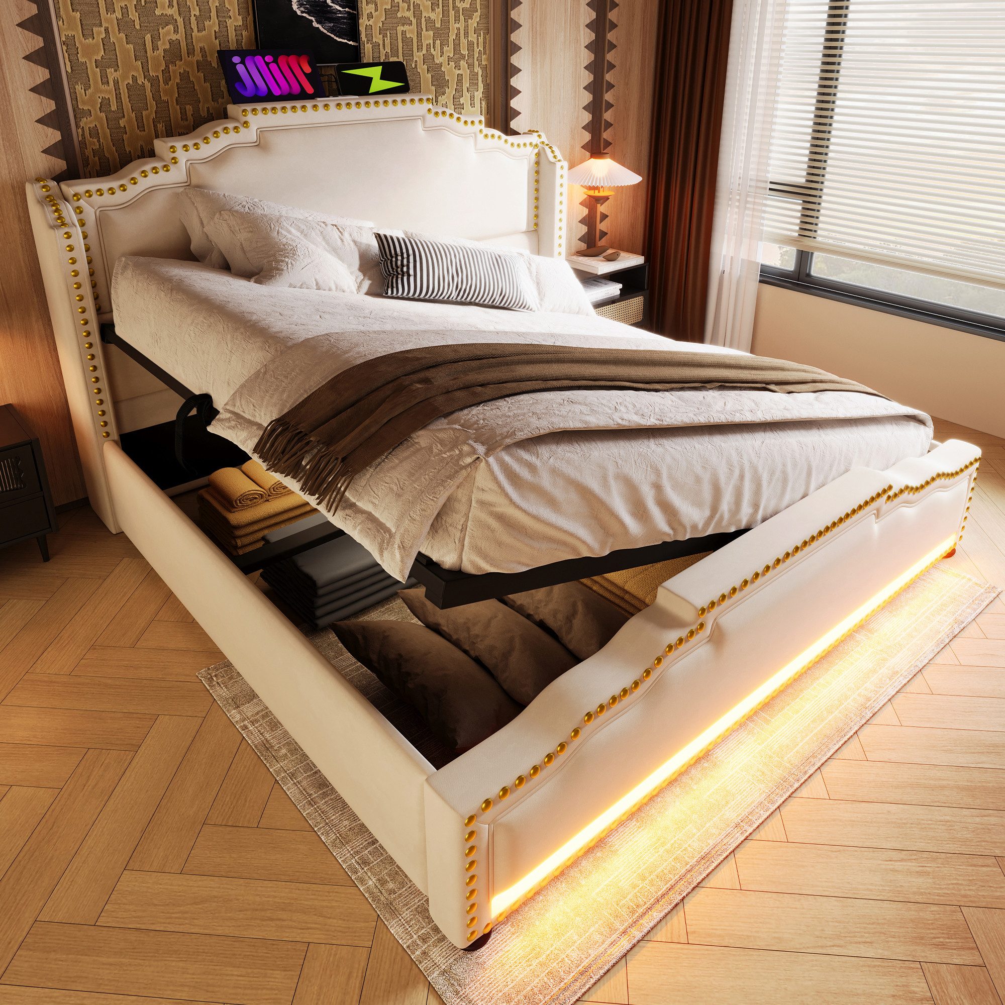 Flieks Polsterbett, Hydraulisches Doppelbett 140x200cm mit LED-Beleuchtung & USB-Aufladen