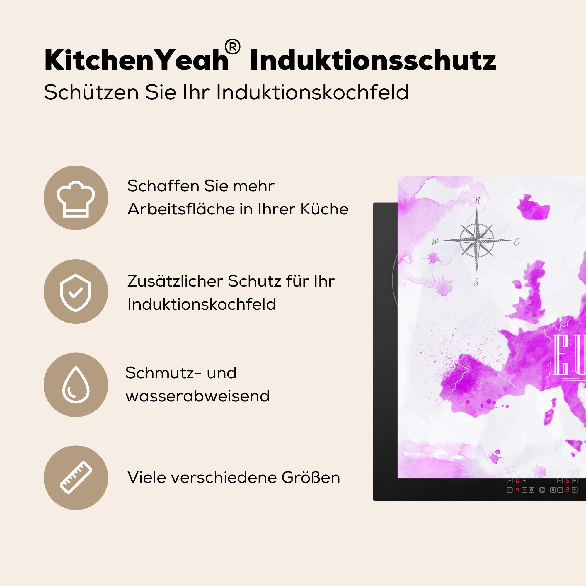 Vinyl, - Schutz cm, MuchoWow Farben, Induktionskochfeld Ceranfeldabdeckung 81x52 Europa Herdblende-/Abdeckplatte (1 - tlg), die Weltkarte für küche,