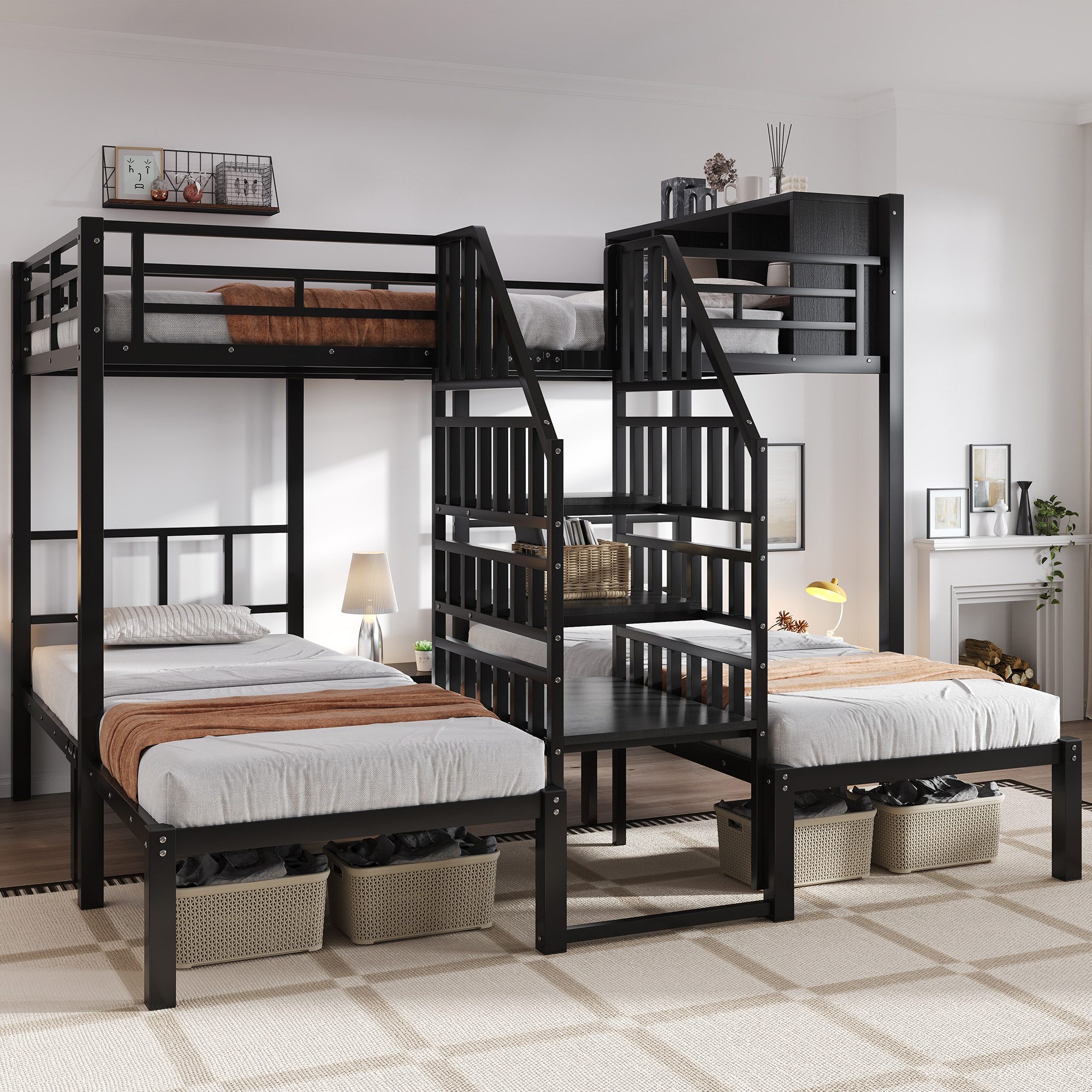 i@home Etagenbett Eisenbett mit drei Schlafplätzen,90x200cm und 140x200cm für 3 Personen (Oberes Bett mit Stauraum, stabiler Metall-Bettrahmen, Eisen-Doppelstockbett mit Treppe und Handlauf), Treppe mit Handläufen,Eisen, Schwarz, 90x200cm&140x200cm ohne Matratze