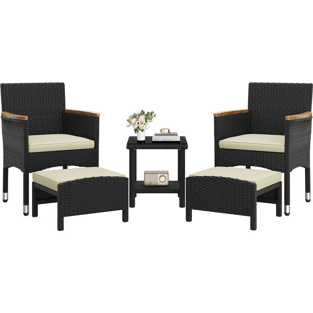 Yaheetech Gartenlounge-Set 5er Garten-Set in Rattan-Optik, mit 2 Sessel & 2 Fußhocker & 1 Kaffeetisch für Garten/Hof/Balkon
