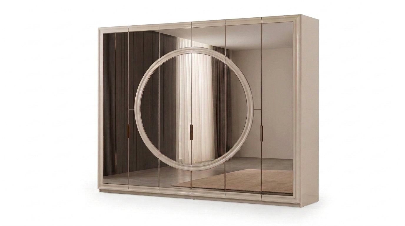 JVmoebel Kleiderschrank Luxus Kleiderschrank Schrank Modern 264cm mit Spiegel Glas Beige Neu (1-St., 1-tlg)
