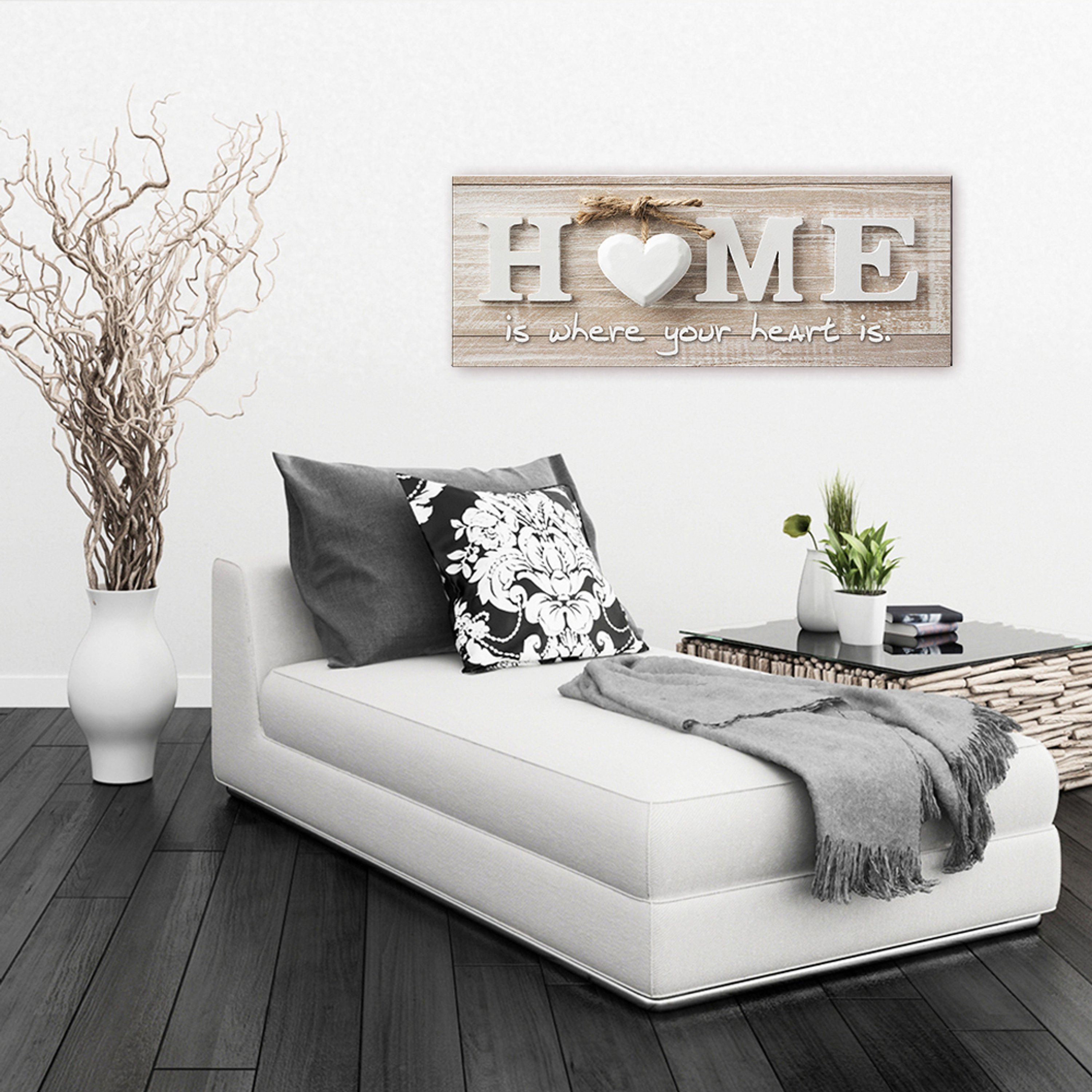 Sprüche: Home Spruch 80x30cm aus und Glasbild Zitate Glasbild Herz artissimo Zuhause, Glas Bild