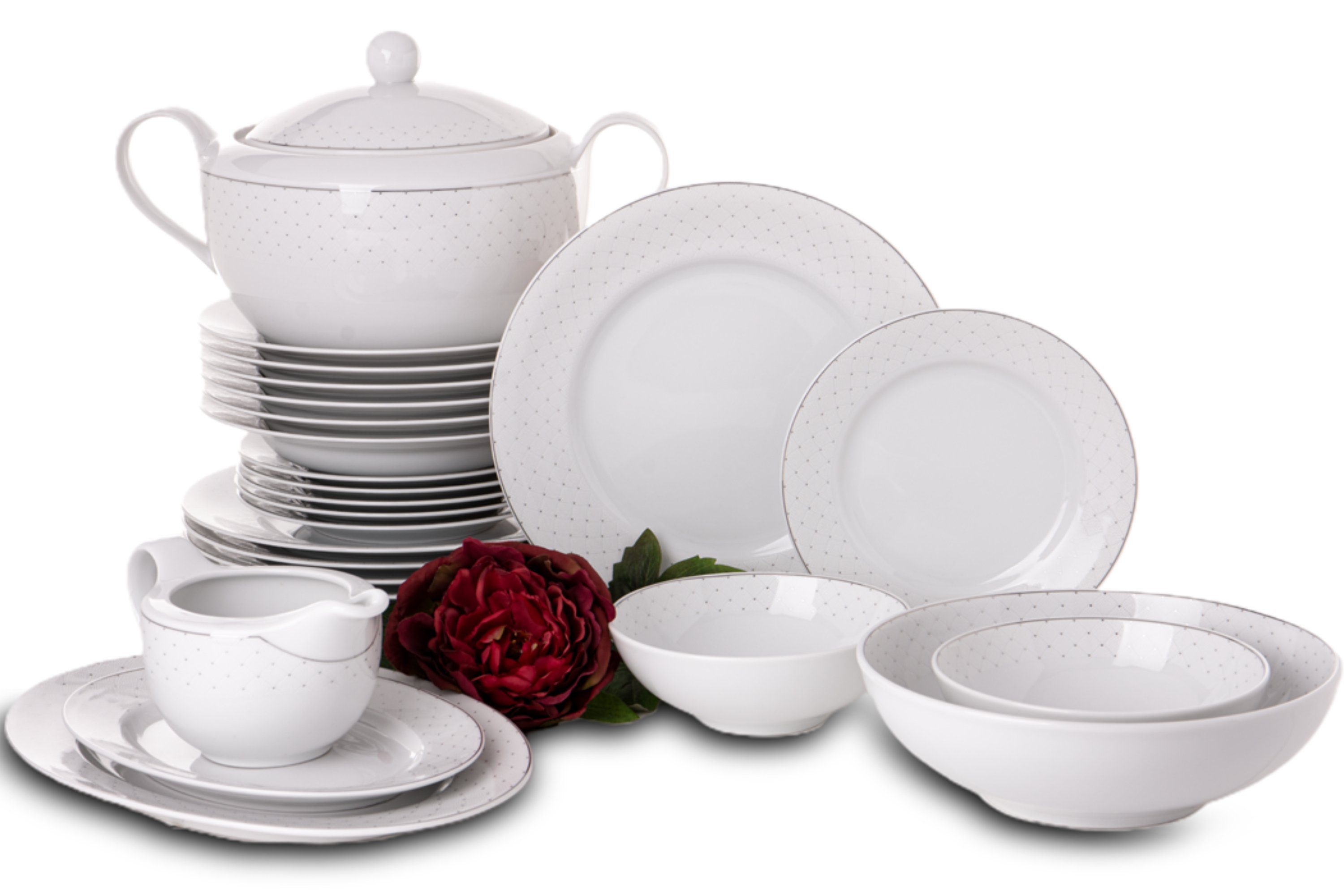 KONSIMO® Kombiservice AMELIA Tafelservice Terrine Sauciere Servierplatte (25-tlg), 6 Personen, Porzellan, Klassisch-Stil, rund