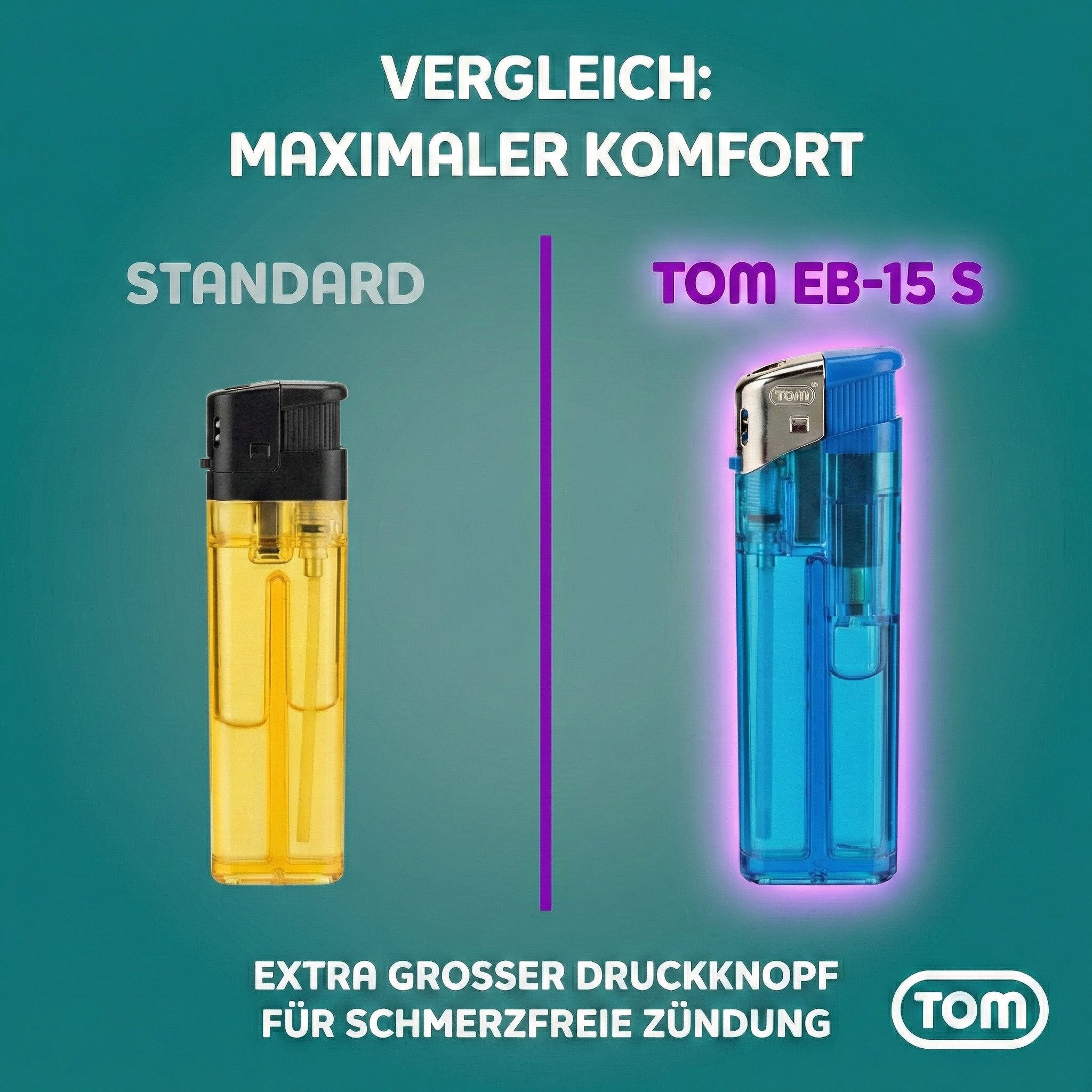 TOM Feuerzeuge Display 50er Set 5 Farben Nachfüllbar Soft-Flame (50-St), Gleichmäßige Flammenleistung, Elektronik, Vorgefüllt