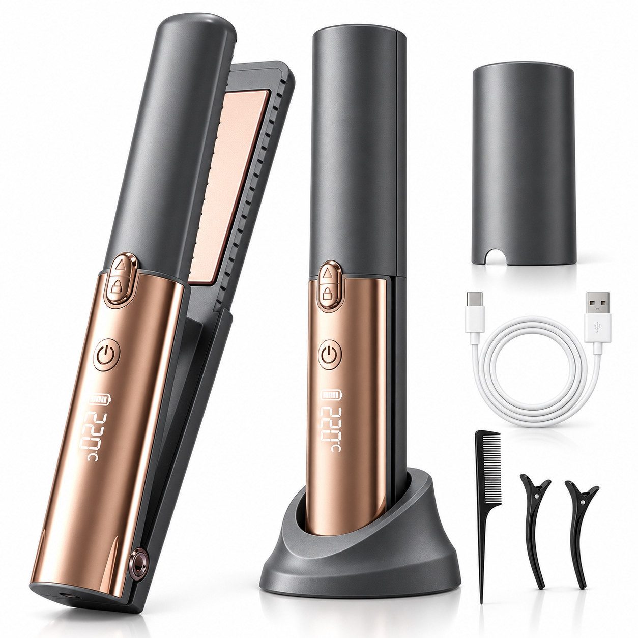 ibettertec Mini-Reiseglätteisen Kabelloser Haarglätter 2-in-1 - Glätteisen & Lockenstab, 3000mAh, Mini Tragbarer Reise Haarglätter,Akku, 3 …