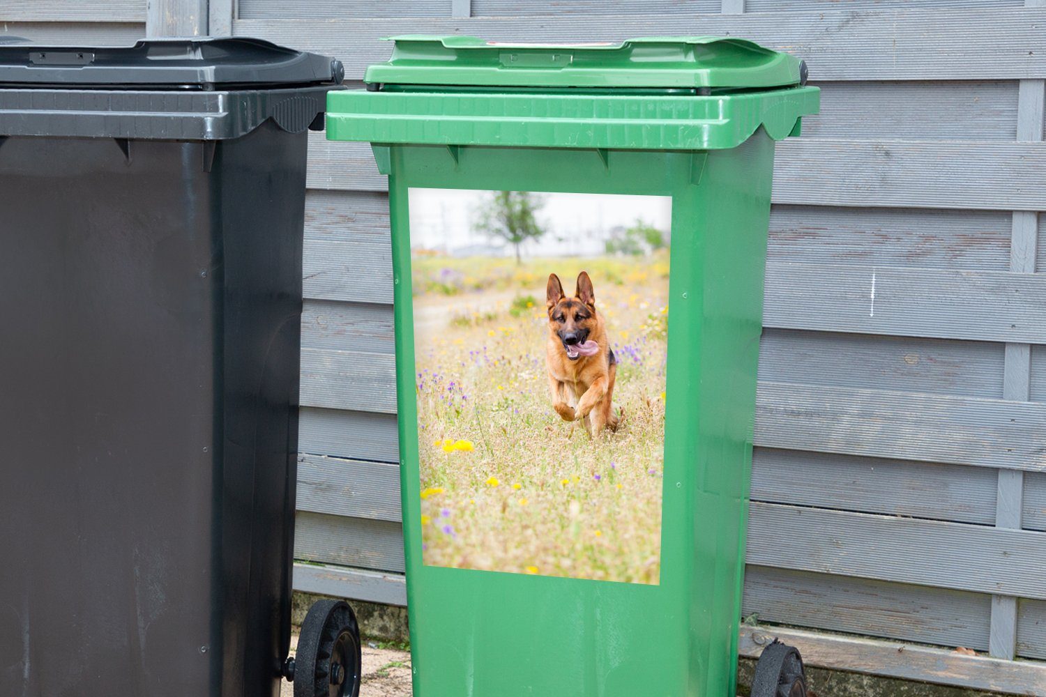 MuchoWow Wandsticker Deutscher zwischen Sticker, St), Blumen Mülltonne, (1 Container, bunten Schäferhund Abfalbehälter Mülleimer-aufkleber, spaziert