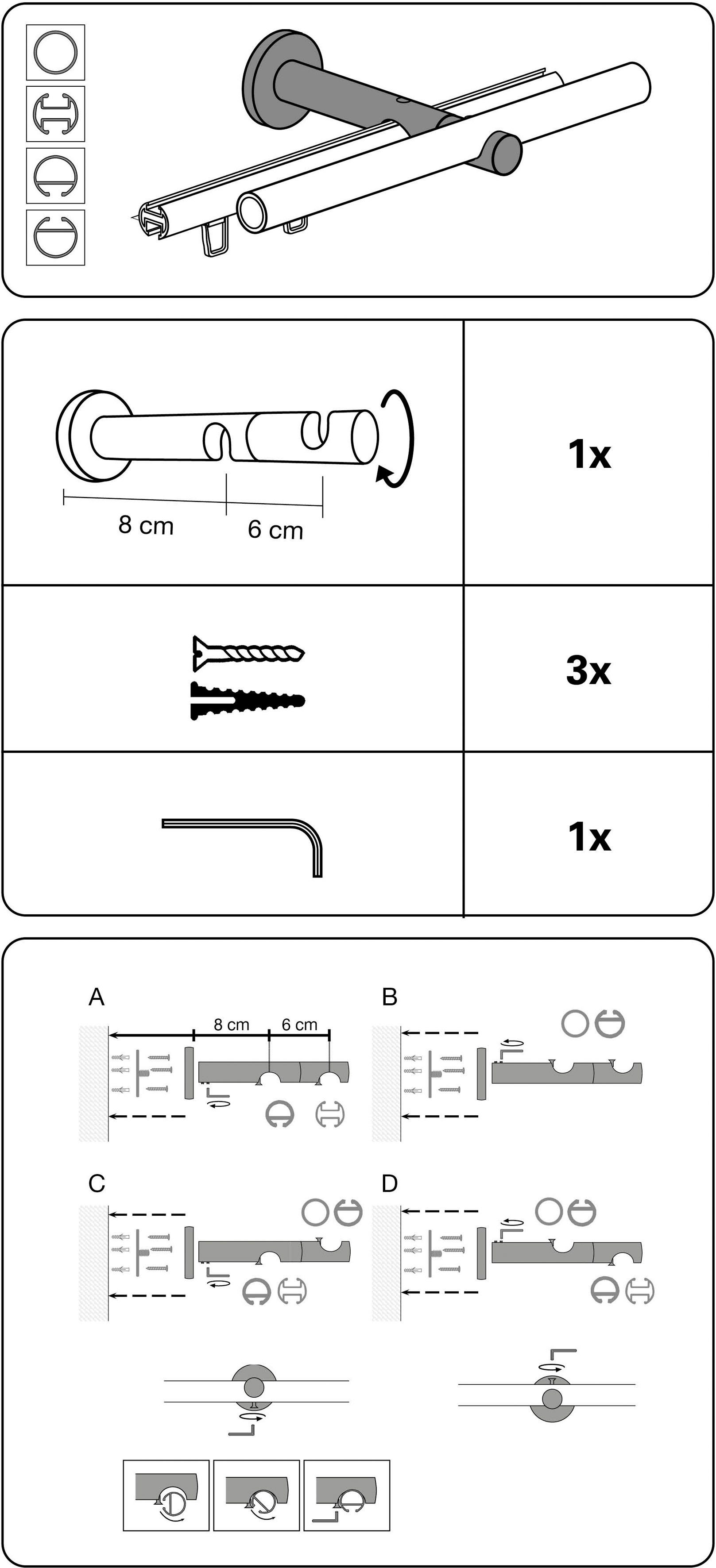 Chicago Einzelprogramm Träger schwarz/matt mm Serie GARDINIA, Doppel-Kombiträger (1-St), offen, 20 Ø