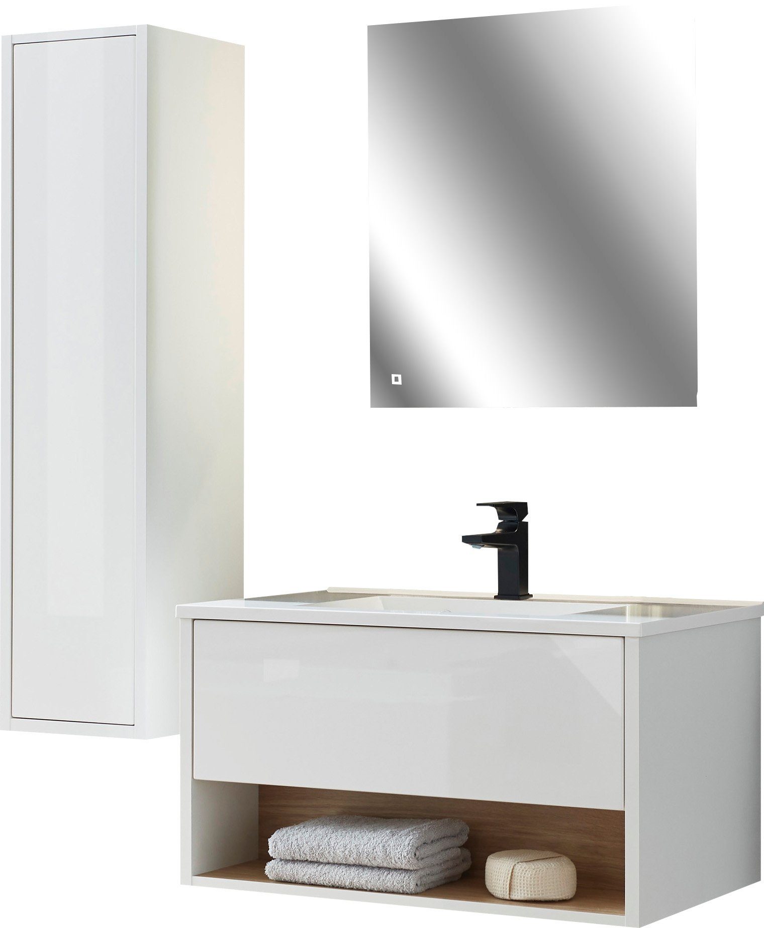 Home affaire Badmöbel-Set Studio Line, Bad im modernen Design, 3-teiliges Badezimmer, (3-St), Schrank, Waschtisch und Spiegel, in zwei Farben verfügbar, Stauraum