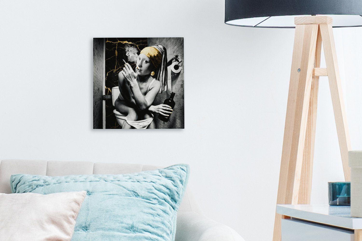 OneMillionCanvasses® Gemälde Marmoroptik mit - Bilder Schlafzimmer Wohnzimmer Perlenohrring St), - Zigaretten (1 Gold, für Toilette Leinwand Mädchen - 