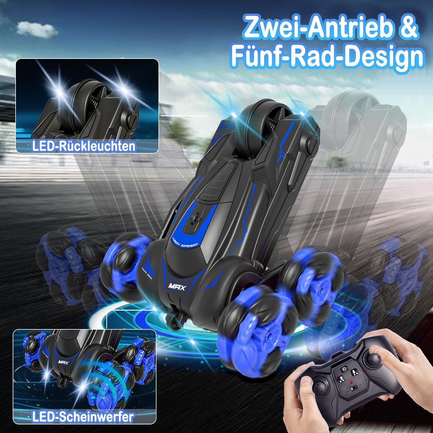Esun RC-Auto Ferngesteuertes Auto ab 4 Jahre, RC Drift Car mit LED-Leuchten (Komplettset), Ferngesteuertes Auto ab 5 6 7 8 9 10 Jahre Kinder Geschenke