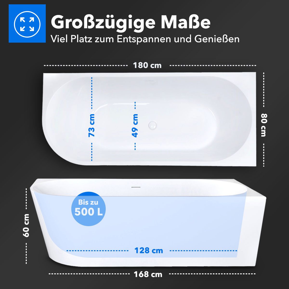Belvit Badewanne halbfreistehend & freistehend aus Acryl – Eckbadewanne oder oval, Links, Mittig & Rechts, in 180x80 - 170x78 cm, mit Ablaufgarnitur